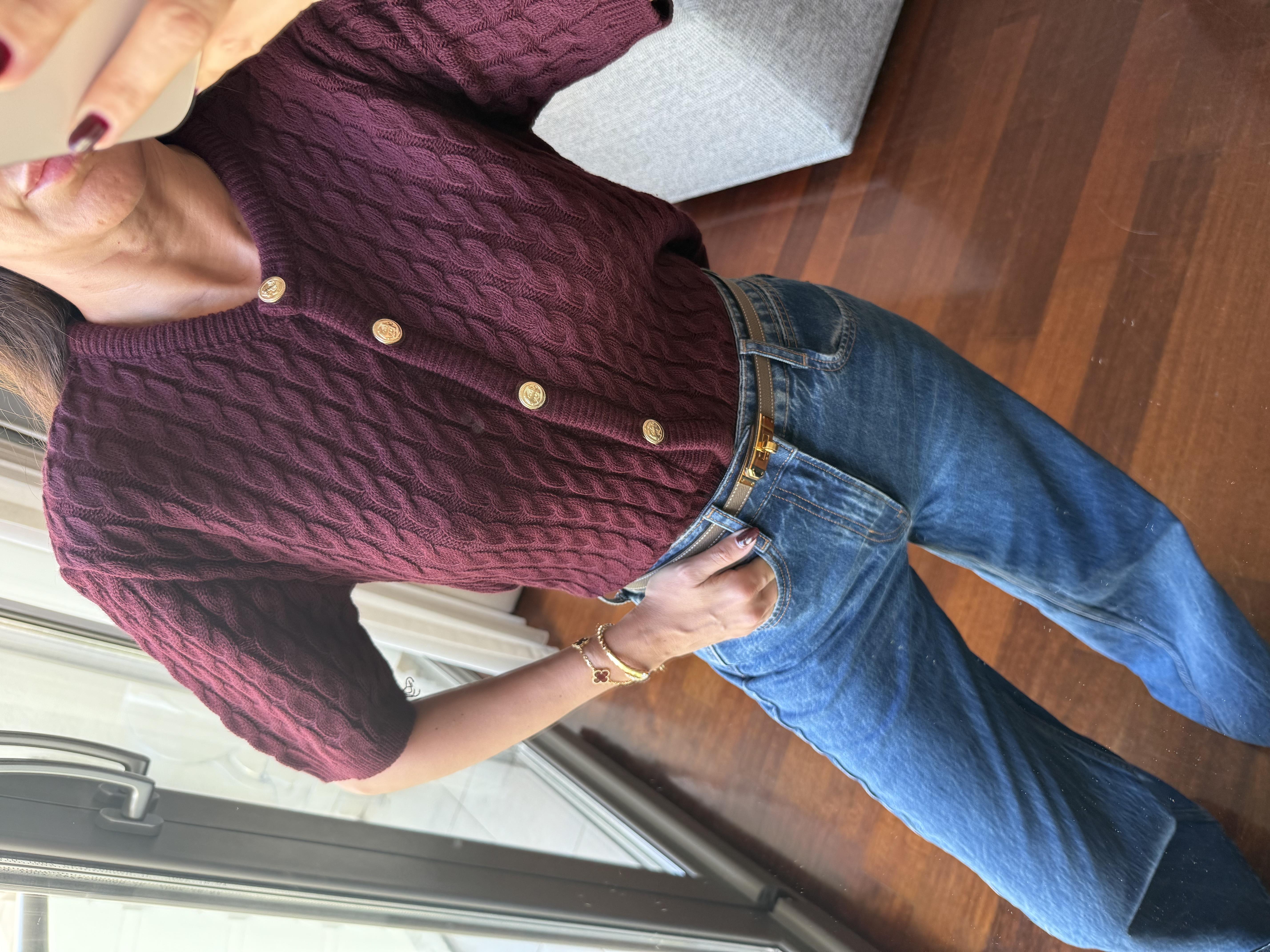 Bordo Bisiklet Yaka Saç Örgülü Kısa Kol Hırka