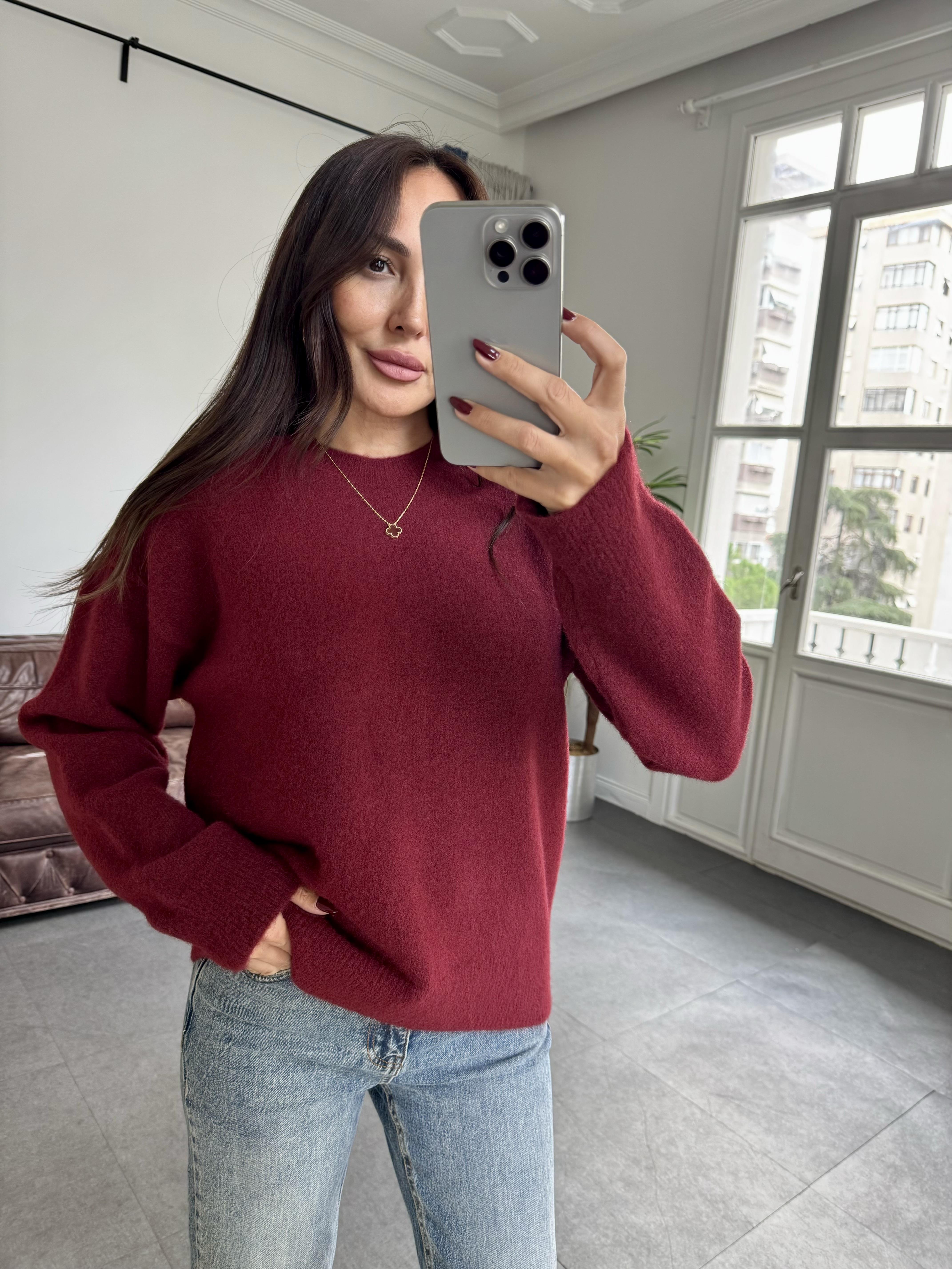 Bordo Bisiklet Yaka Yumuşak Dokulu Triko Kazak