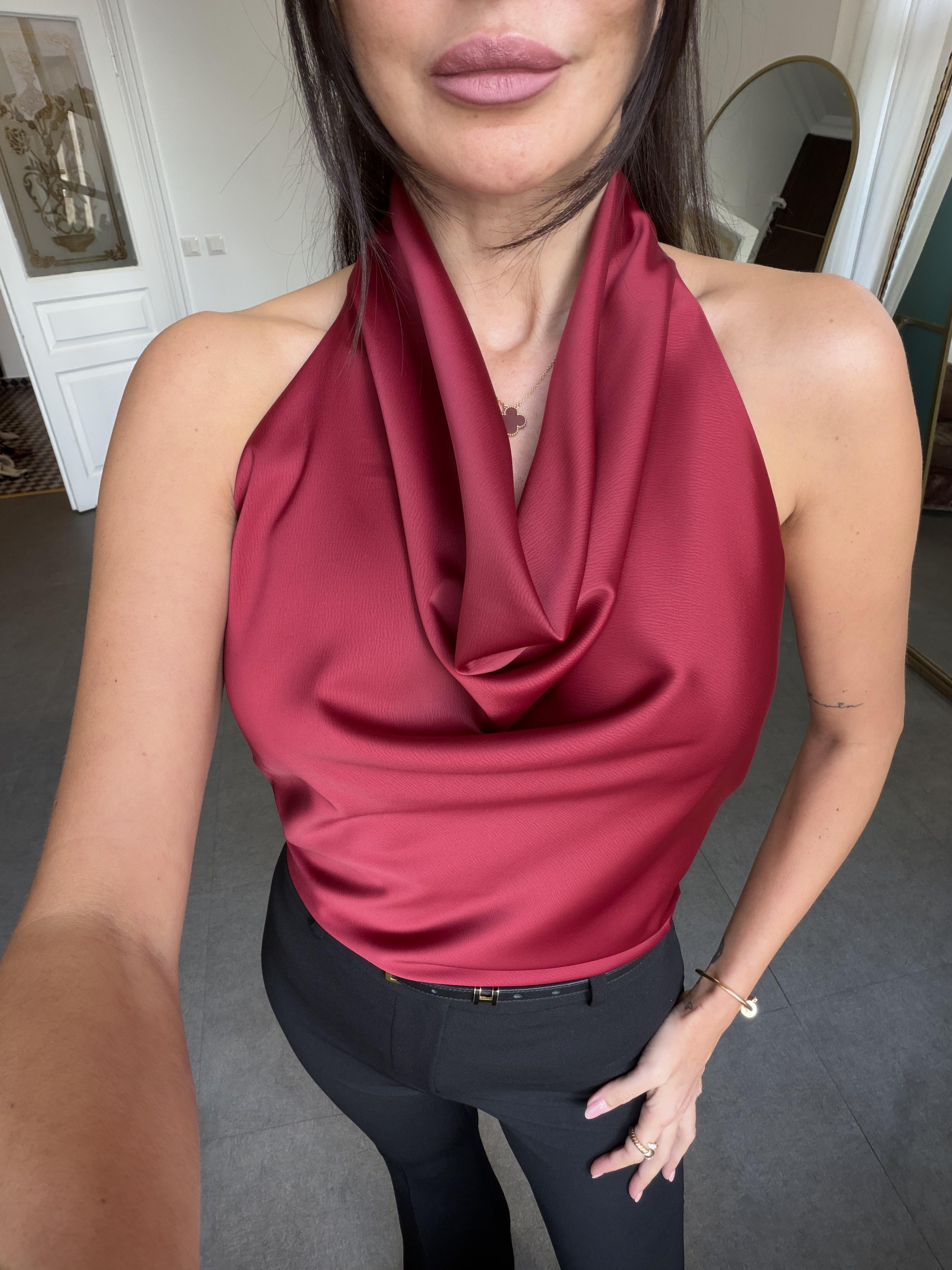 Bordo Degaje Yaka Saten Bluz