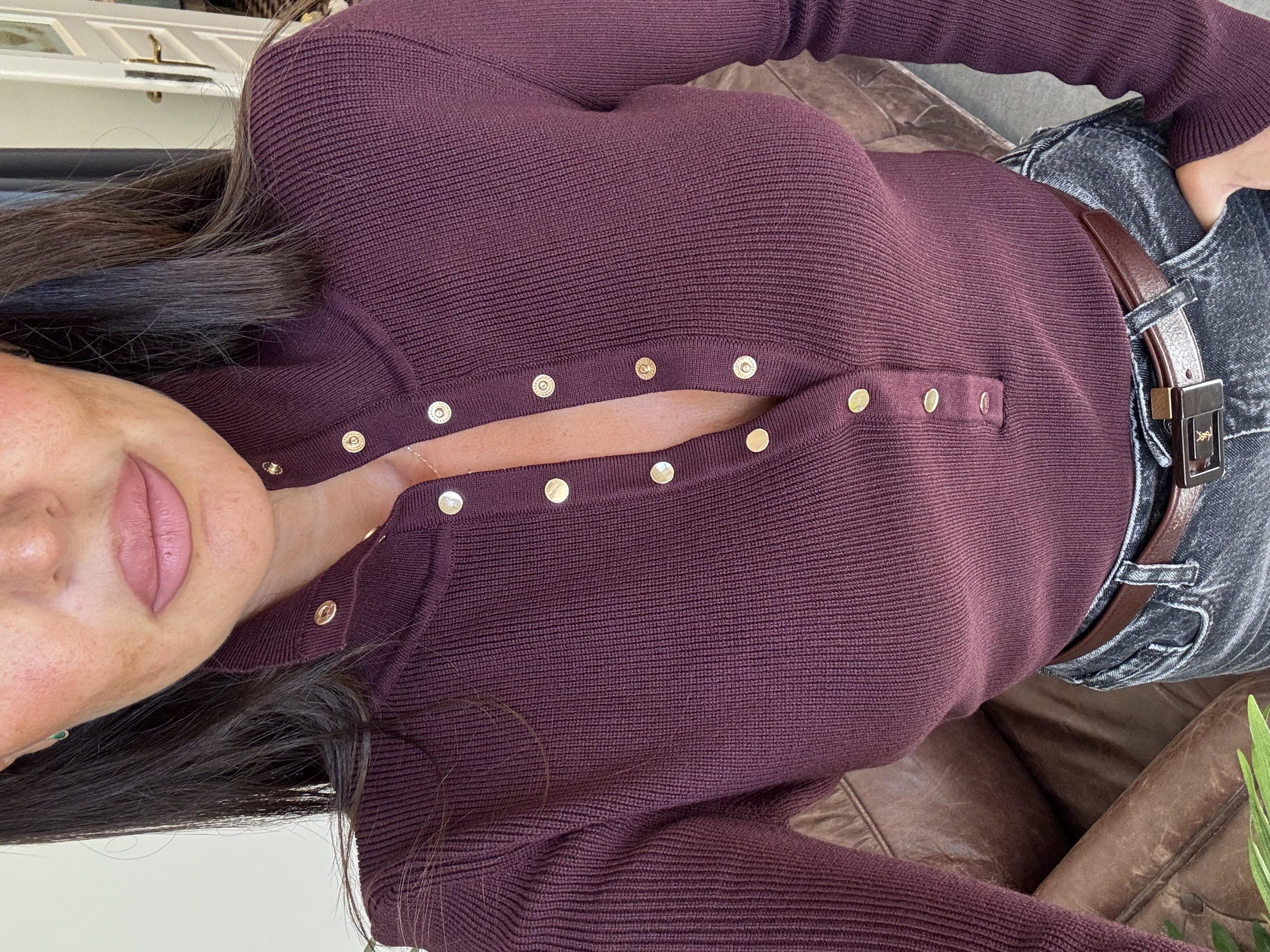 Bordo Dik Yaka Çıtçıtlı Triko Kazak