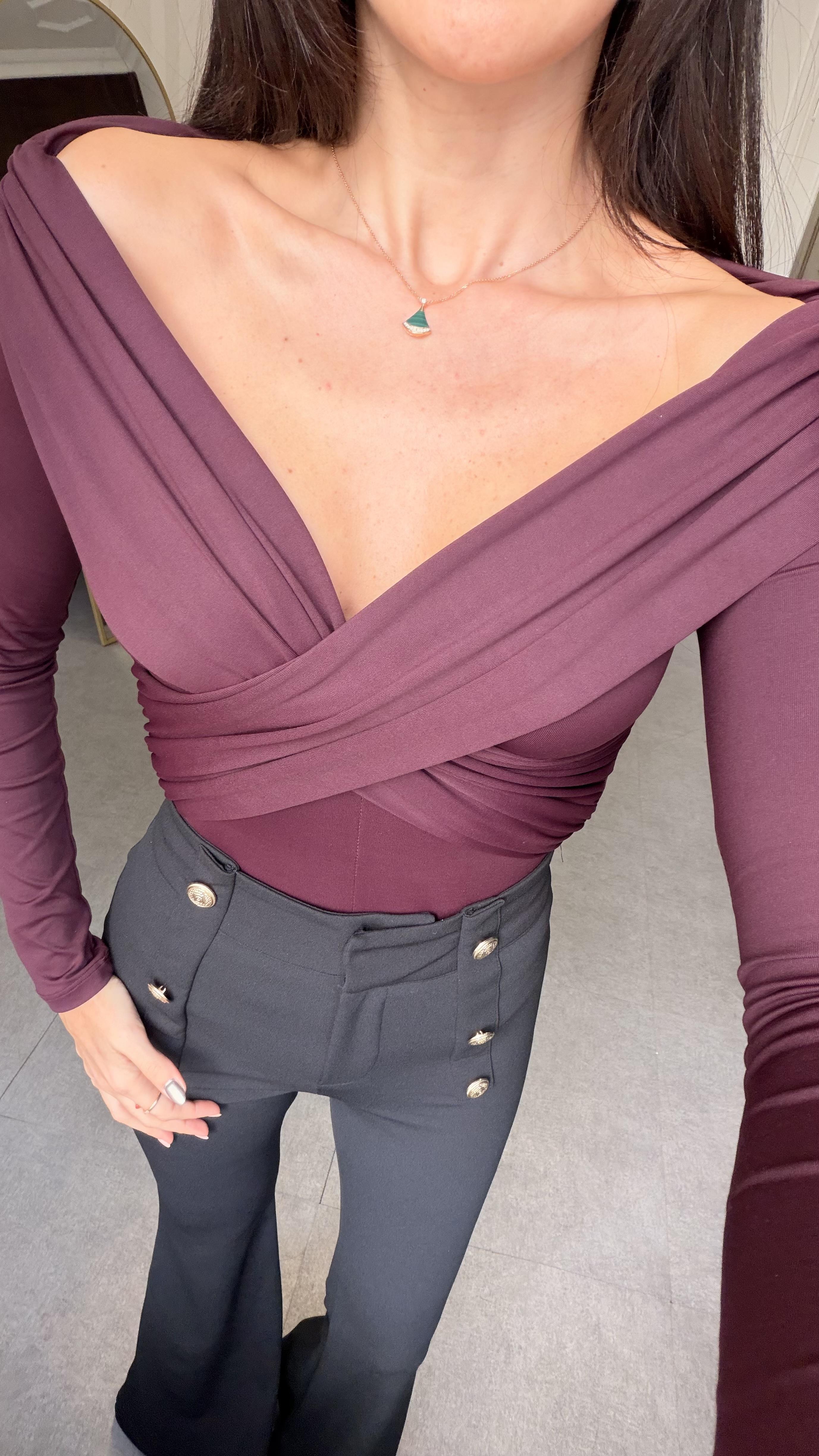Bordo Drapeli Omzu Açık Bodysuit