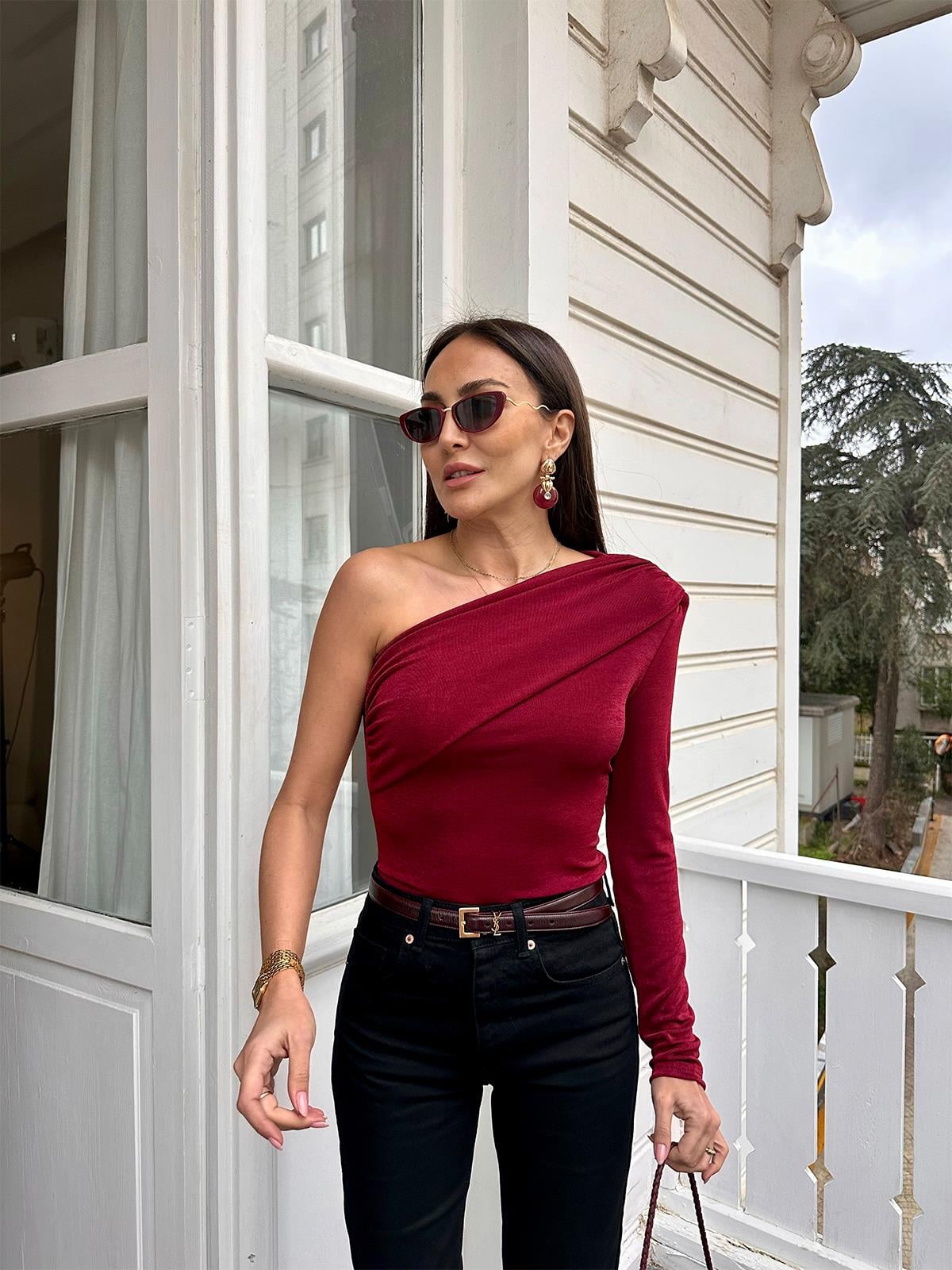 Bordo Geniş Drape Tek Kol Bluz