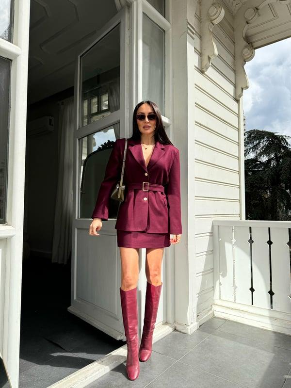 Bordo Kemerli Ceket Etek Takım