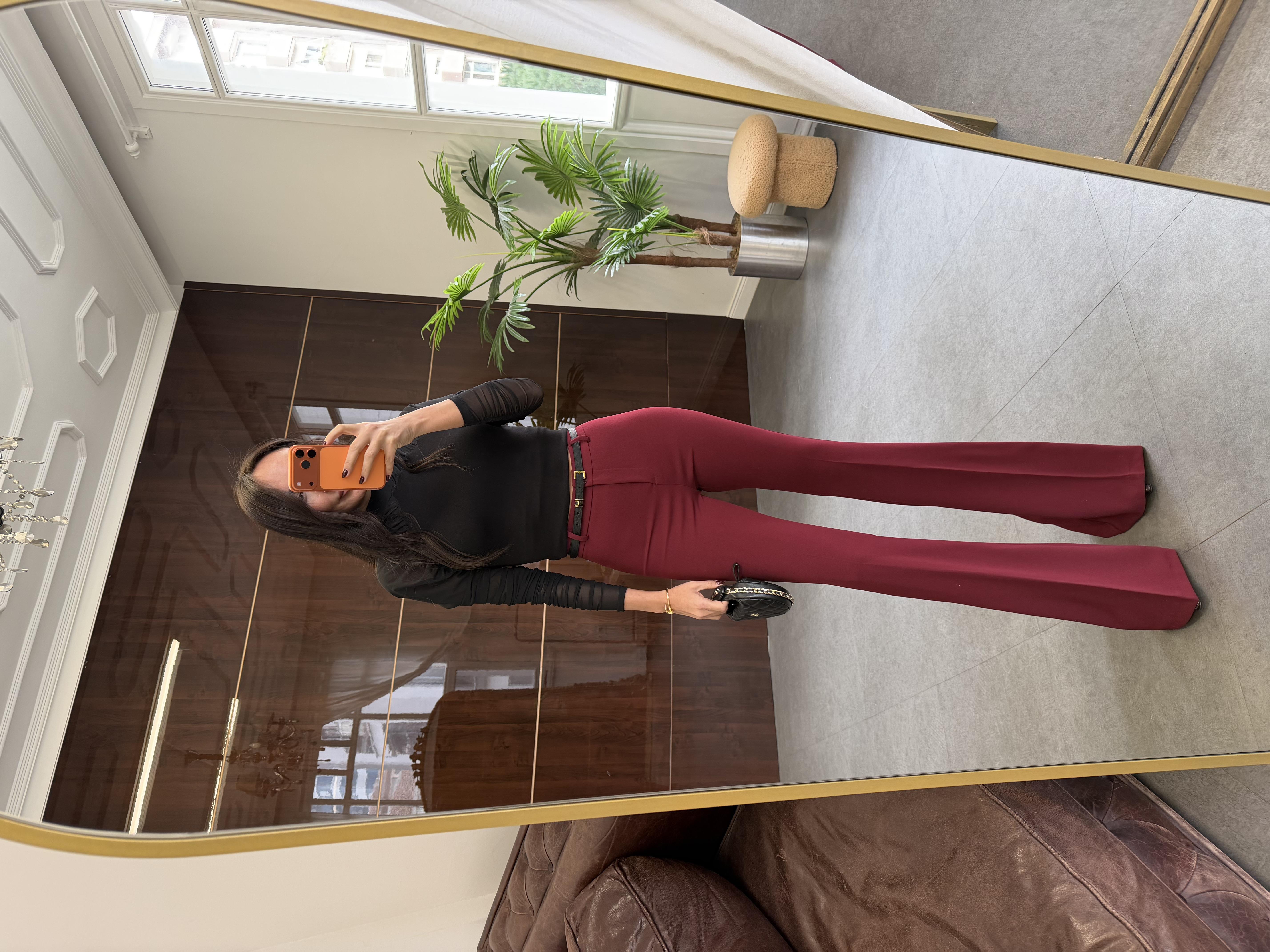 Bordo Likralı İspanyol Paça Kumaş Pantolon