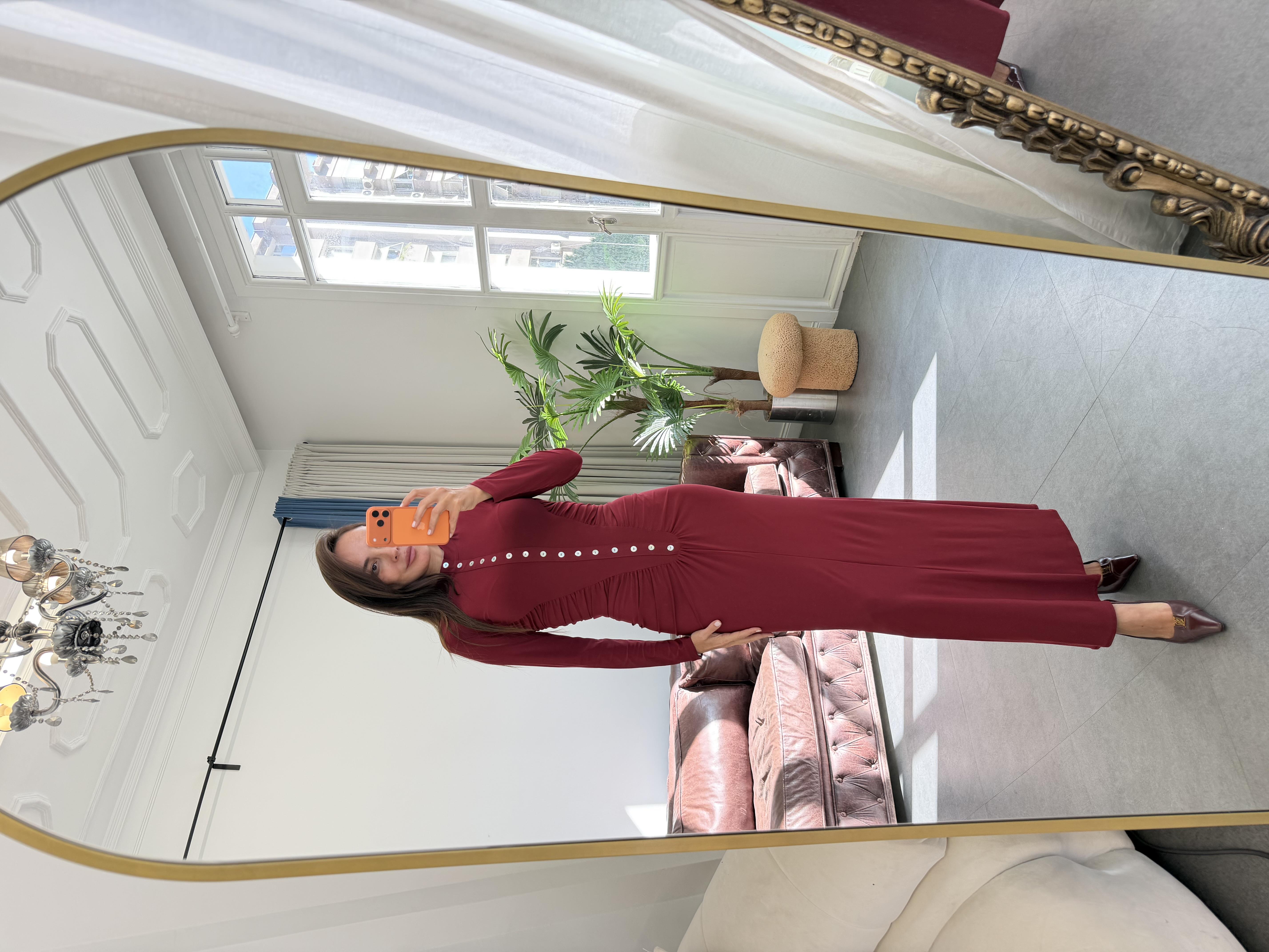 Bordo Sedef Düğmeli Elbise