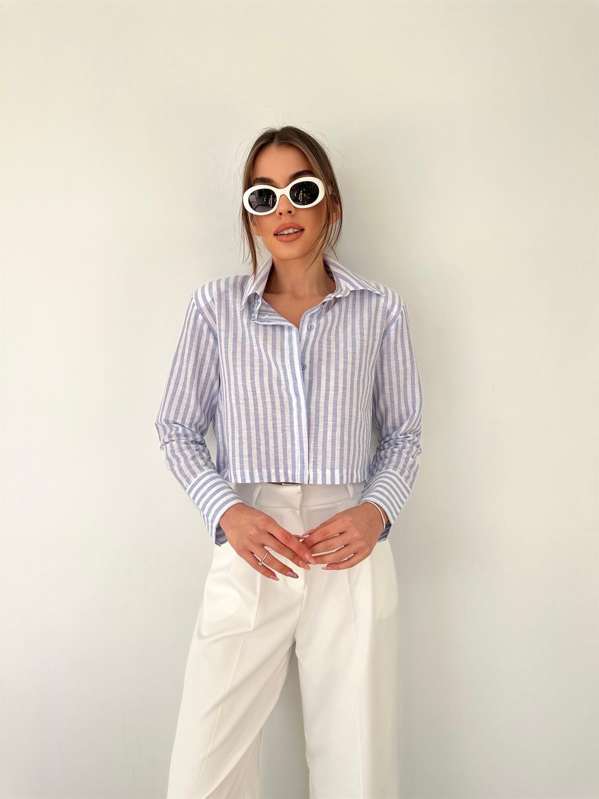 Çizgili Gömlek Bebe Mavisi-Beyaz