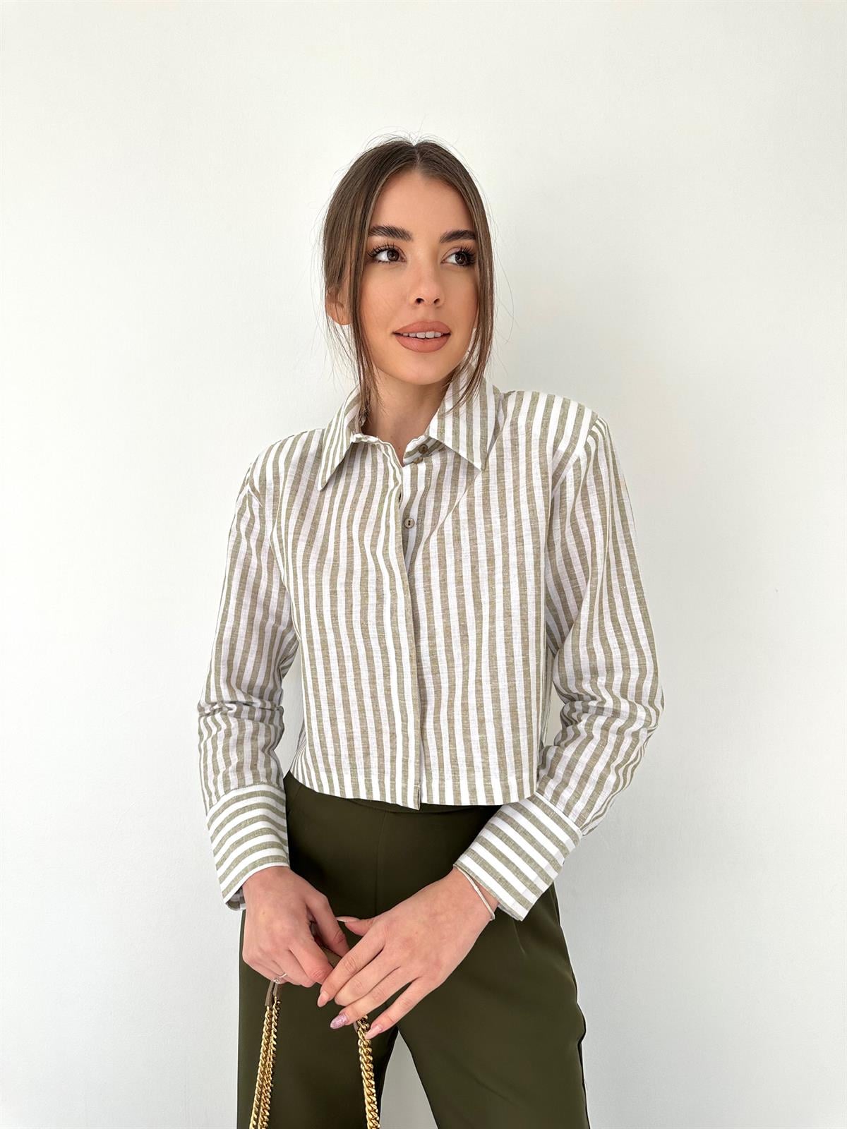 Çizgili Gömlek Haki-Beyaz