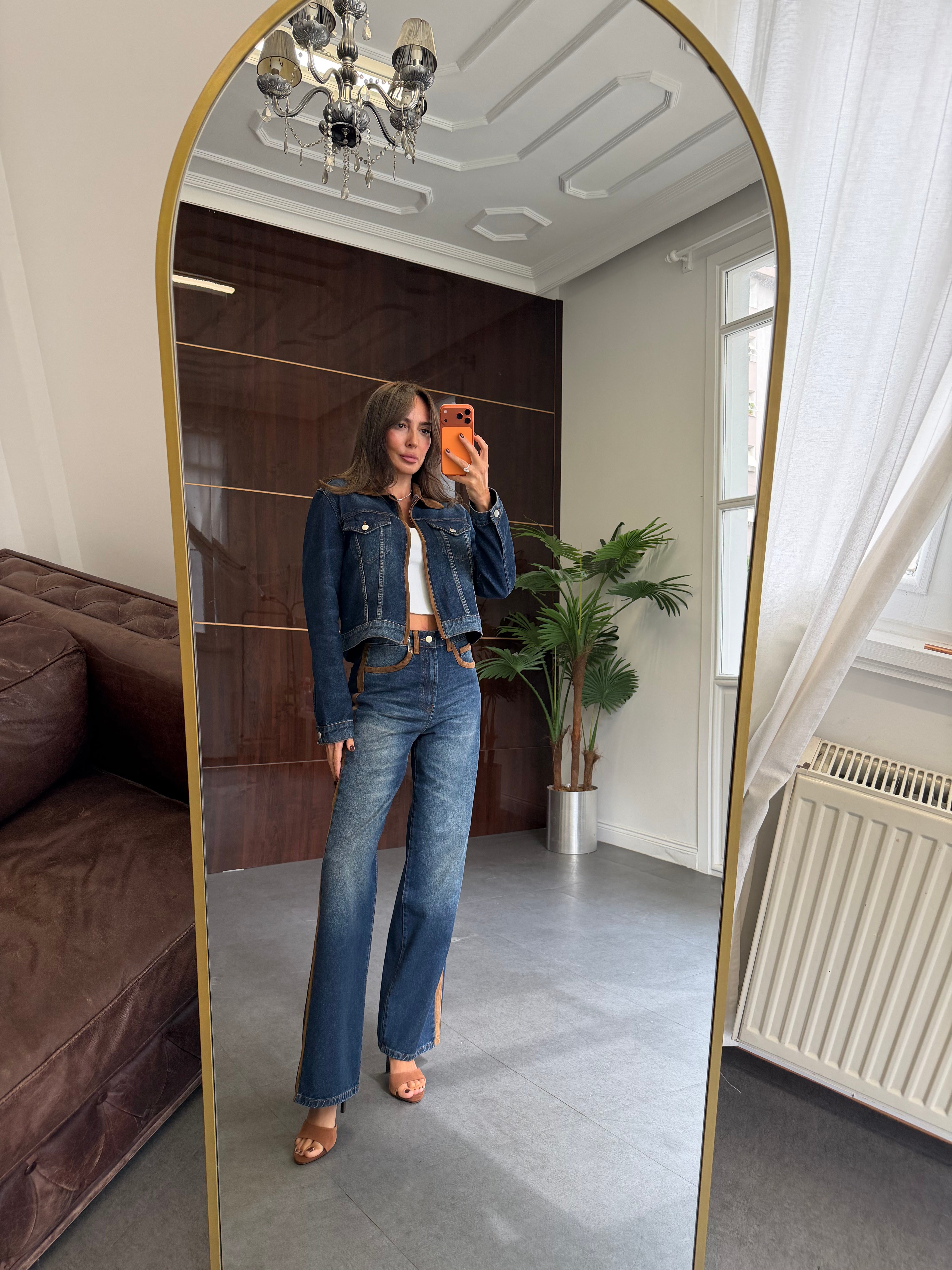 Dark İndigo Süet Garnili Wide Leg Jean Pantolon
