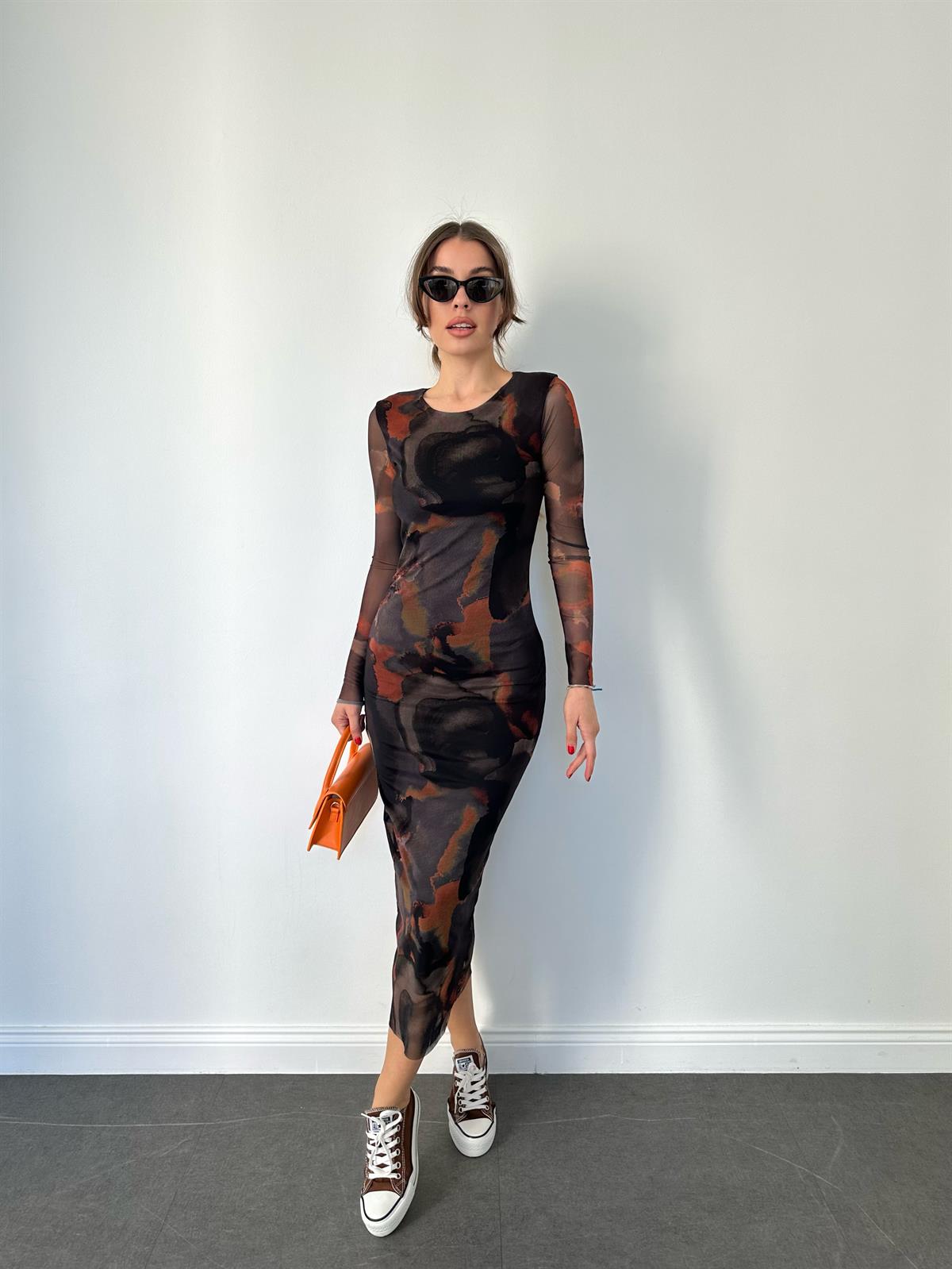 Desenli  Batik Desen Astarlı Uzun Elbise