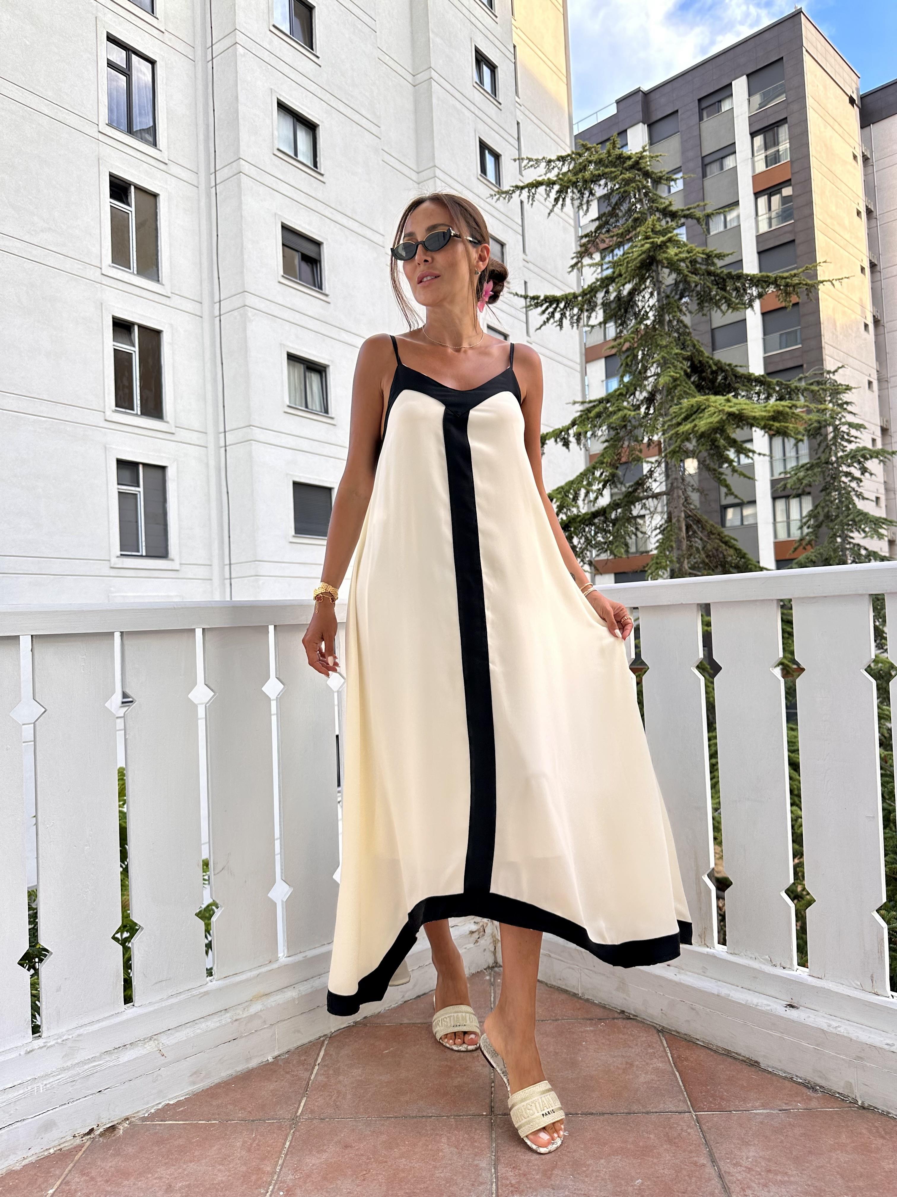 Ekru Asimetrik İp Askılı Elbise