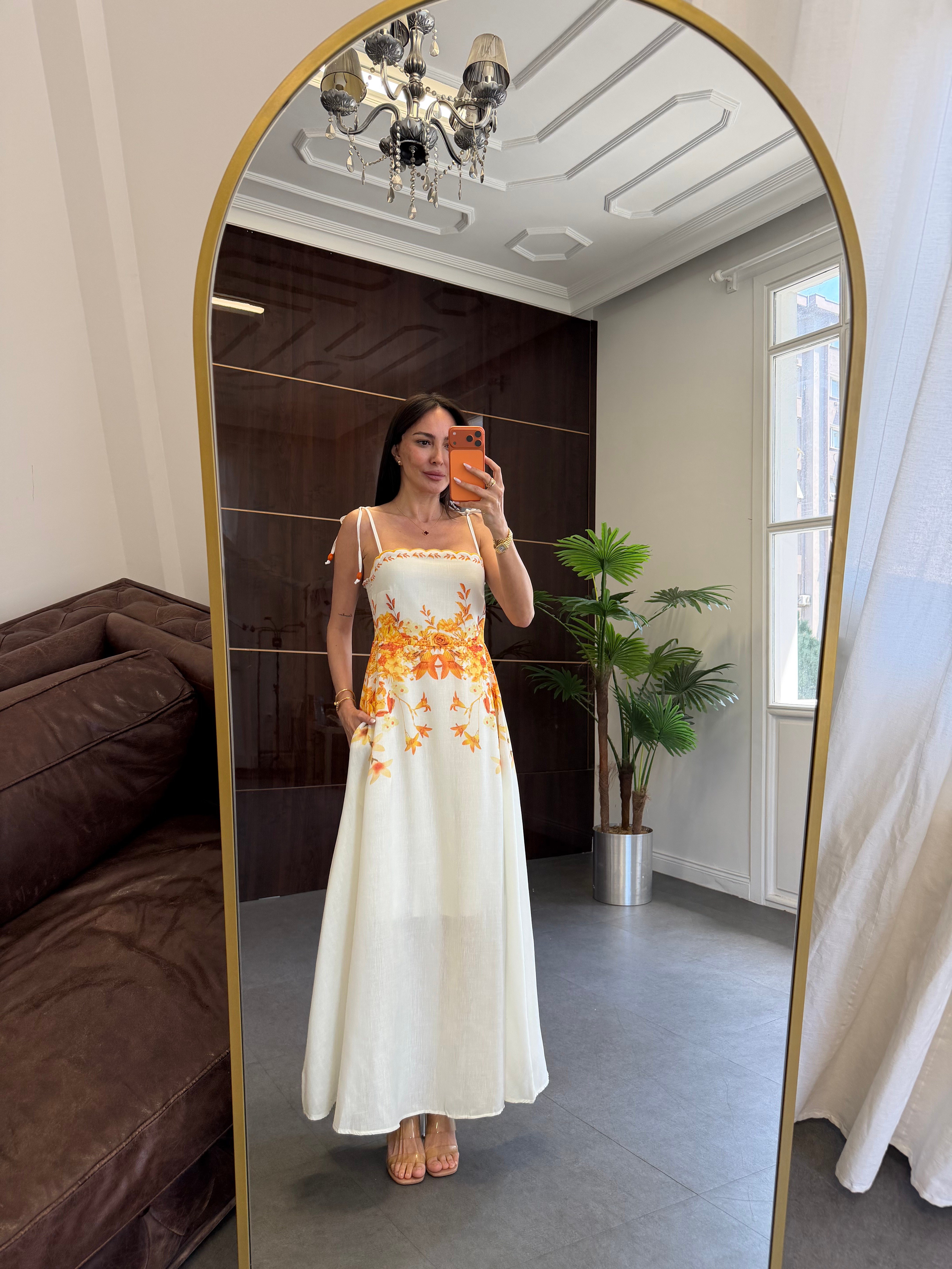 Ekru Bağlamalı Askılı Elbise