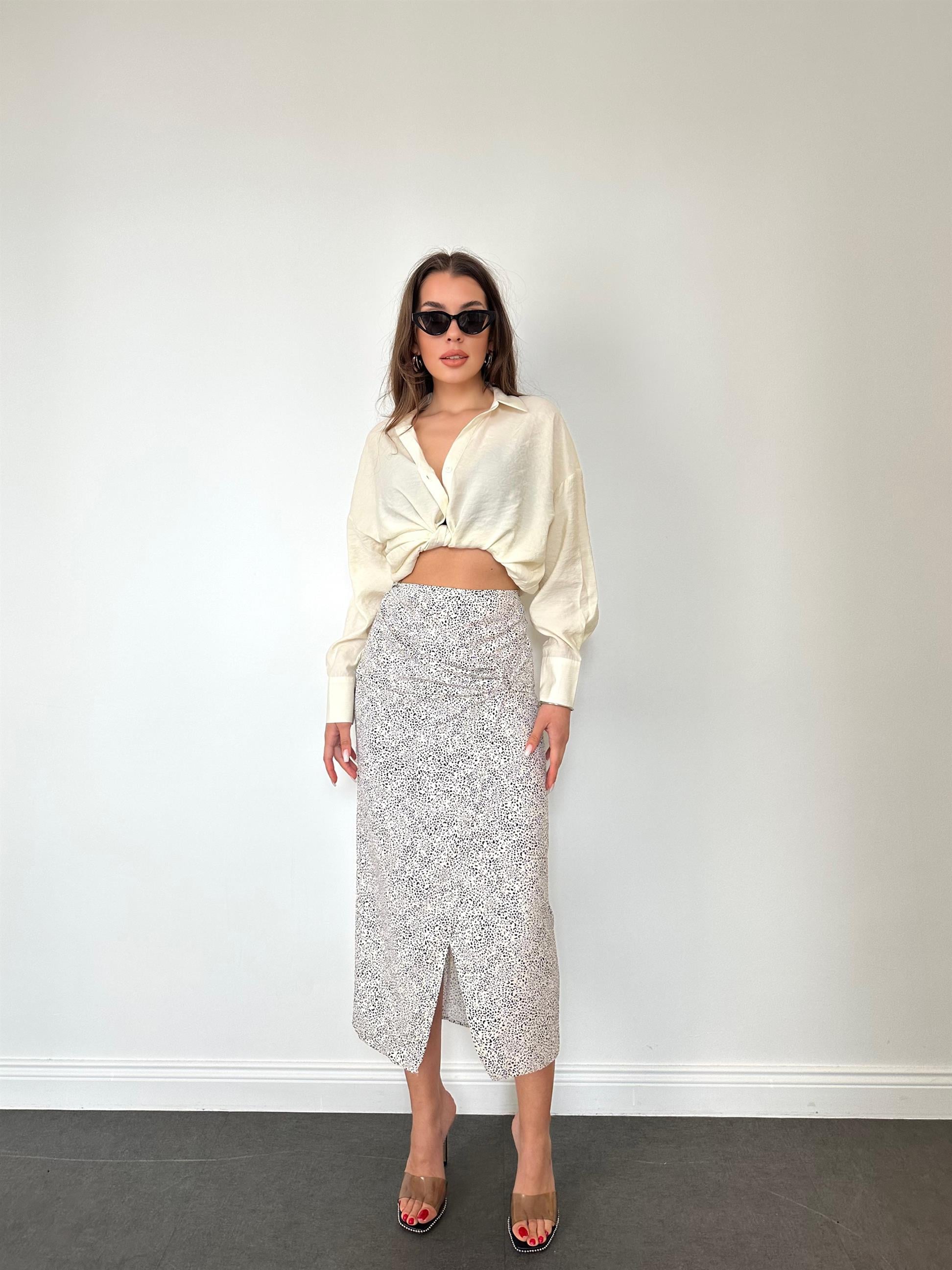 Ekru  Benekli Midi Etek