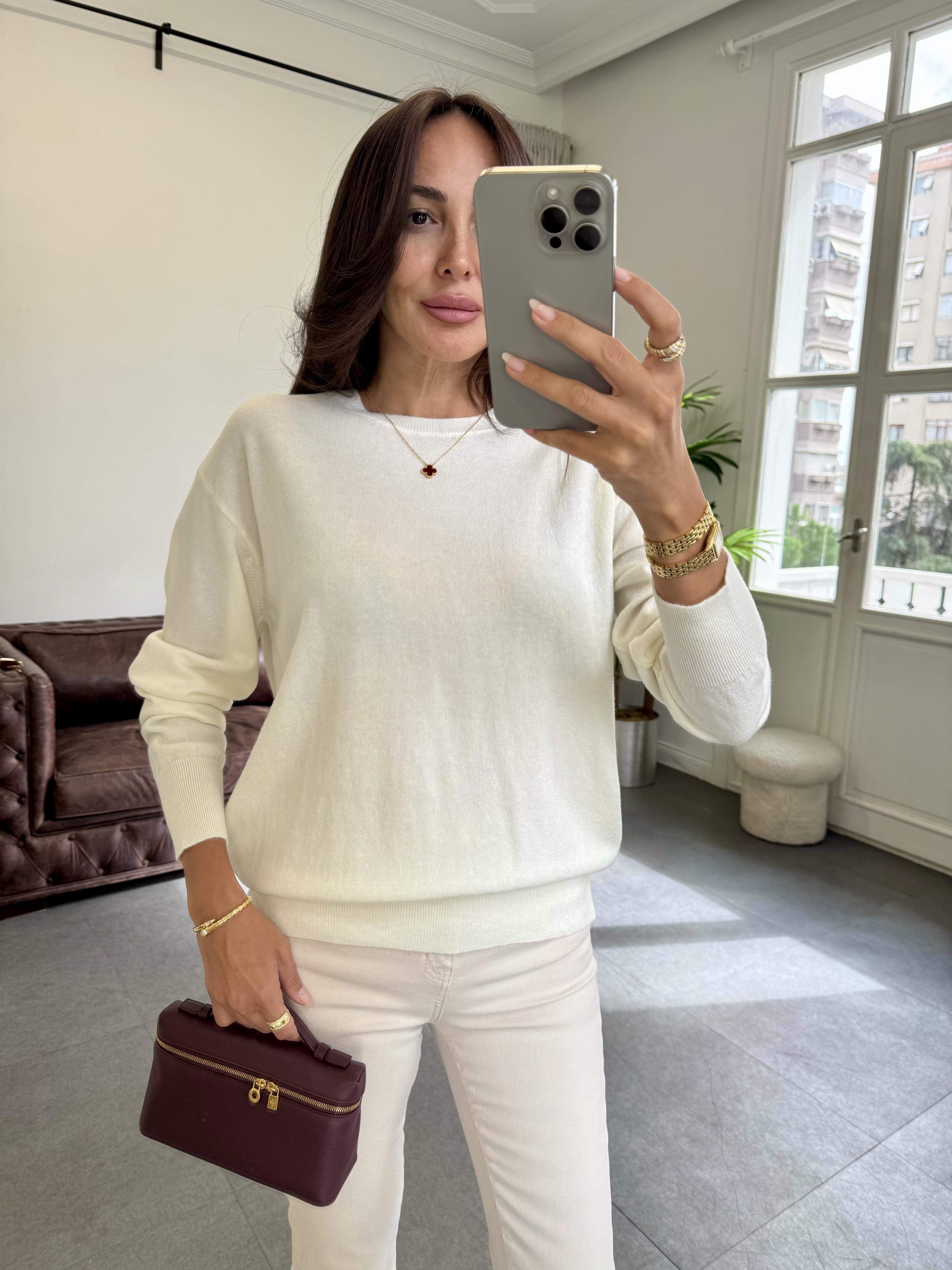 Ekru Bisiklet Yaka Yünlü Basic Triko Kazak