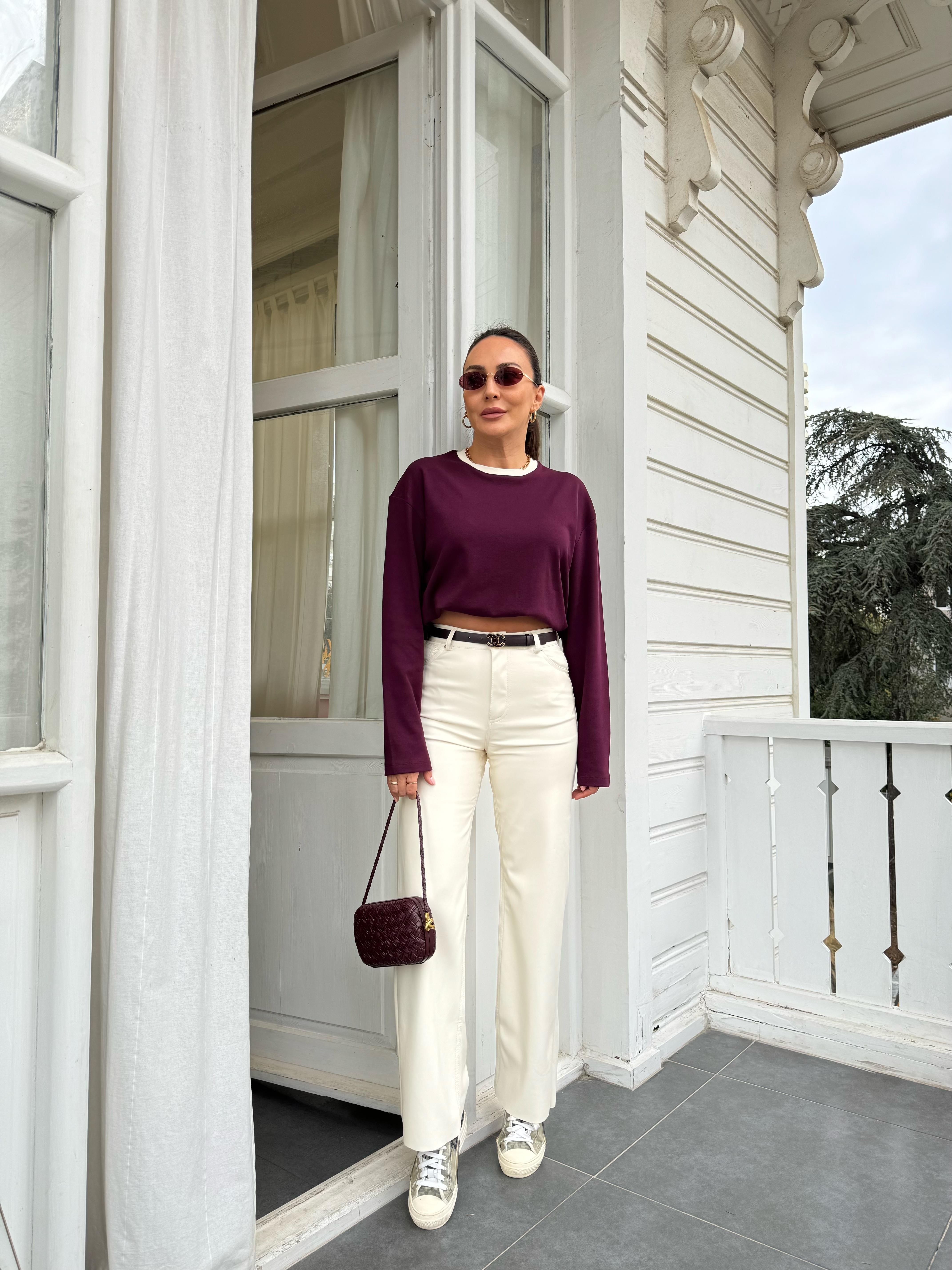 Ekru Bol Paça Deri Pantolon