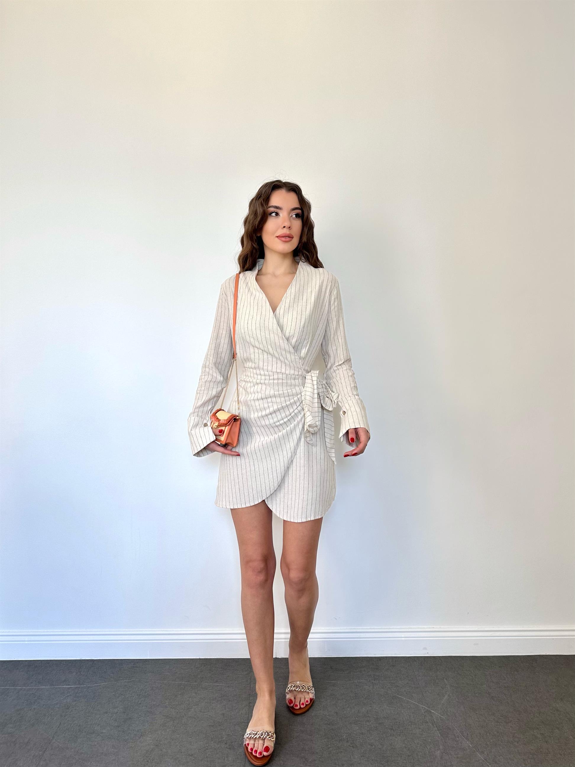 Ekru  Çizgili Kruvaze Kesim Elbise