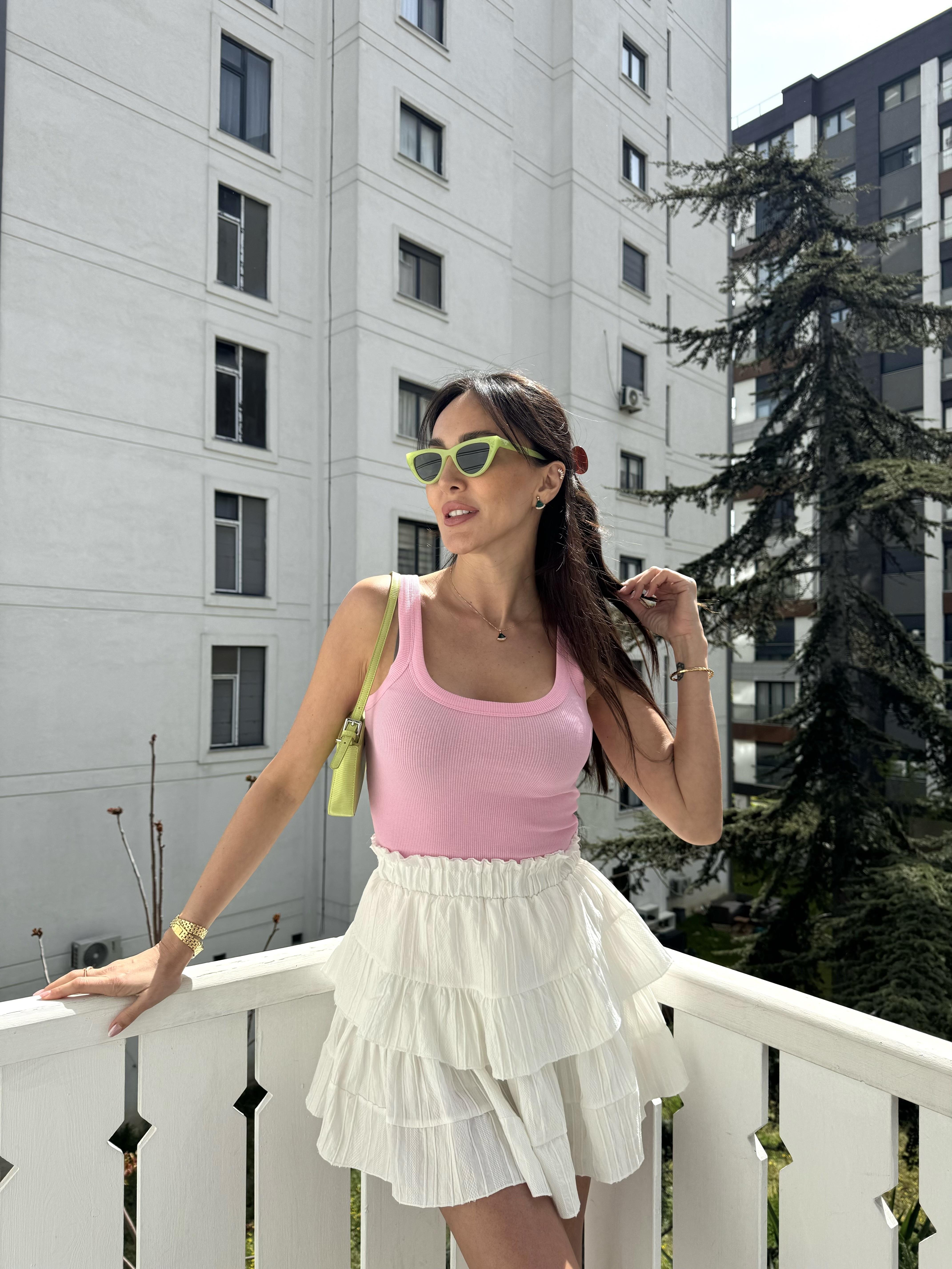 Ekru Dantelli Belden Lastikli Fırfırlı Etek