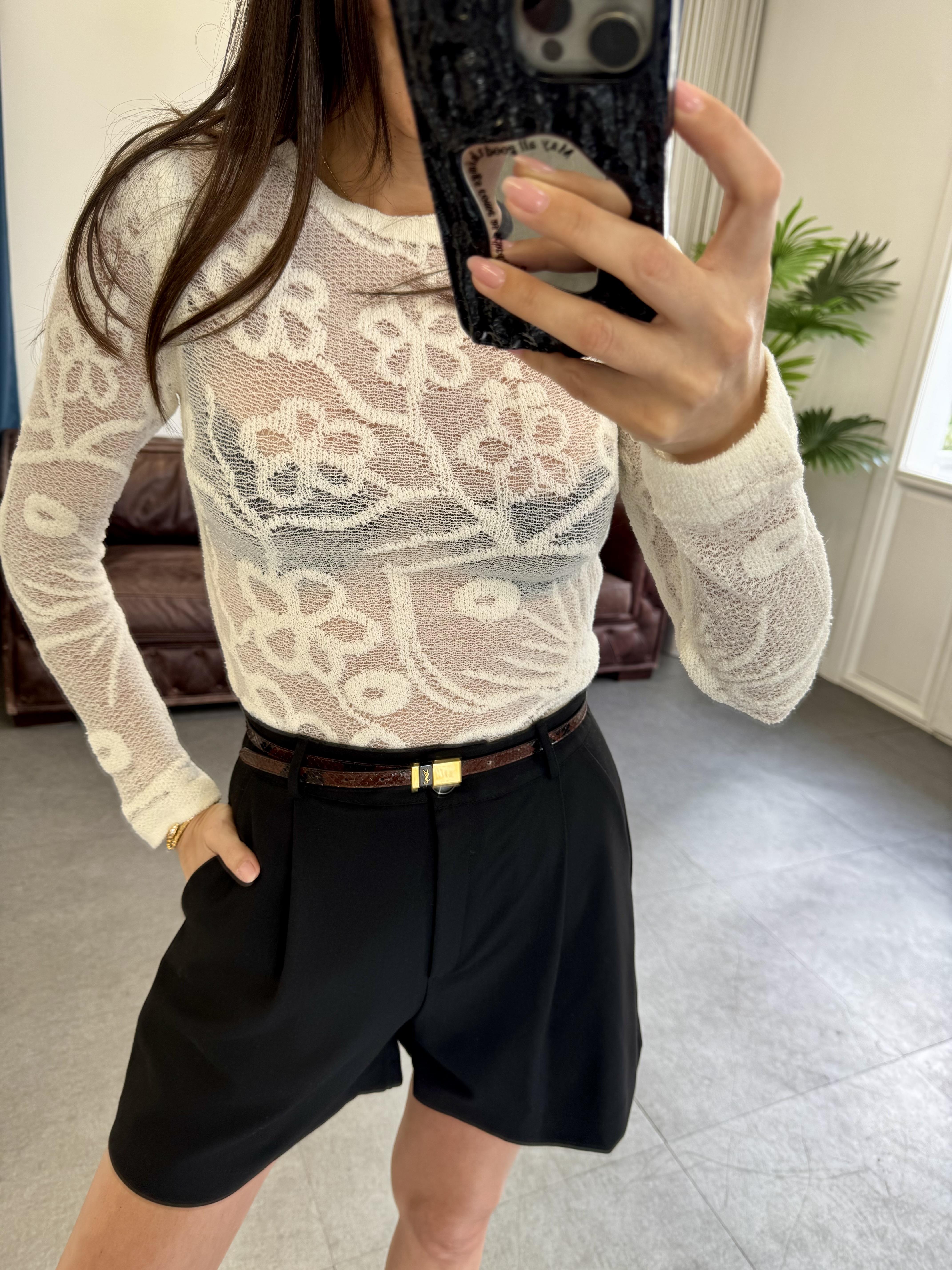 Ekru Desenli Transparan Bluz