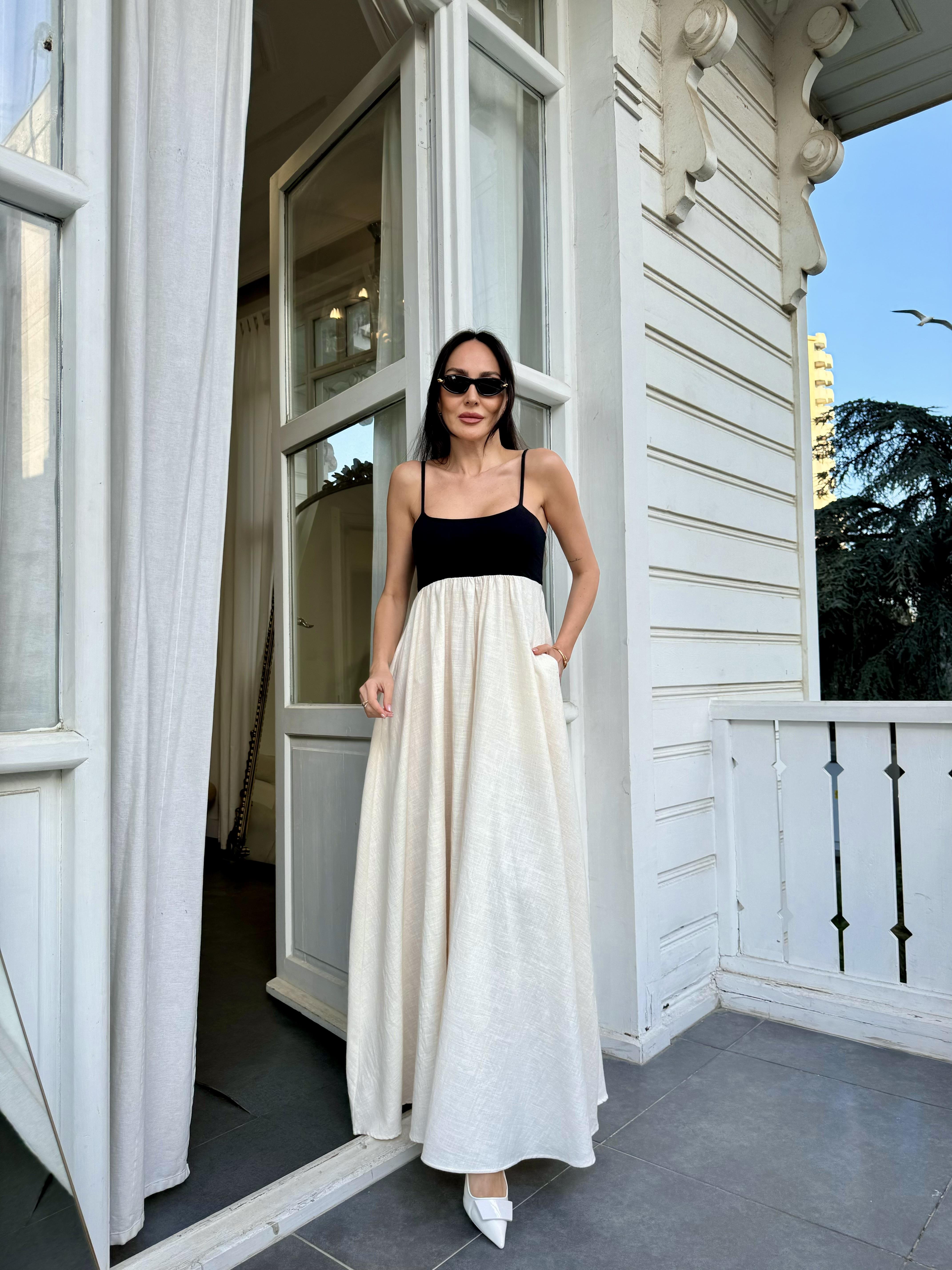 Ekru İnce Askılı Keten Napoli Elbise