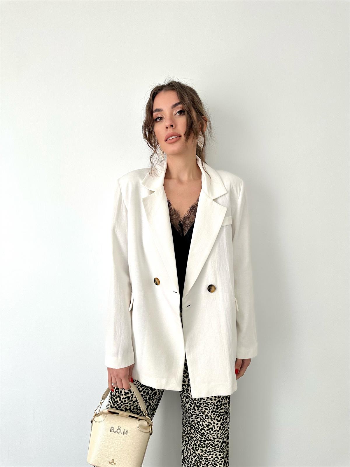 Ekru Keten Blazer Ceket · 12