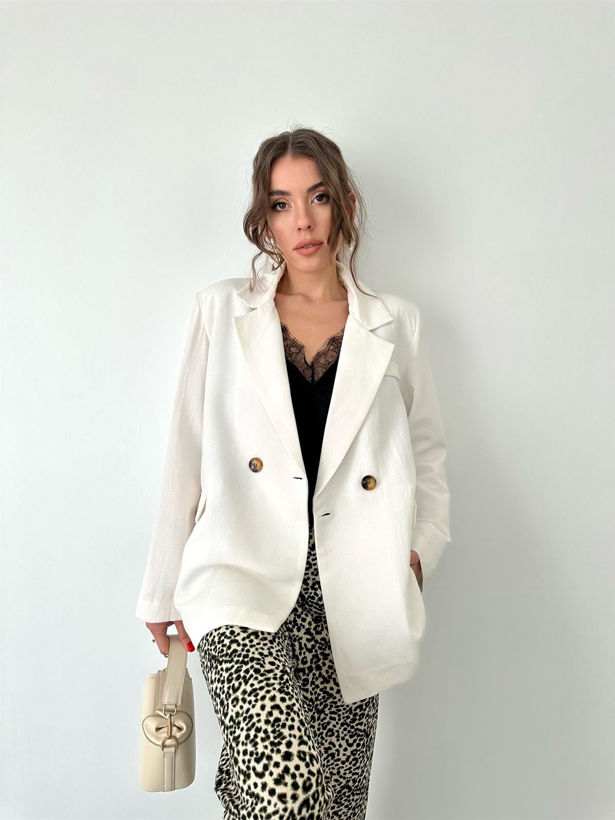 Ekru Keten Blazer Ceket · 11