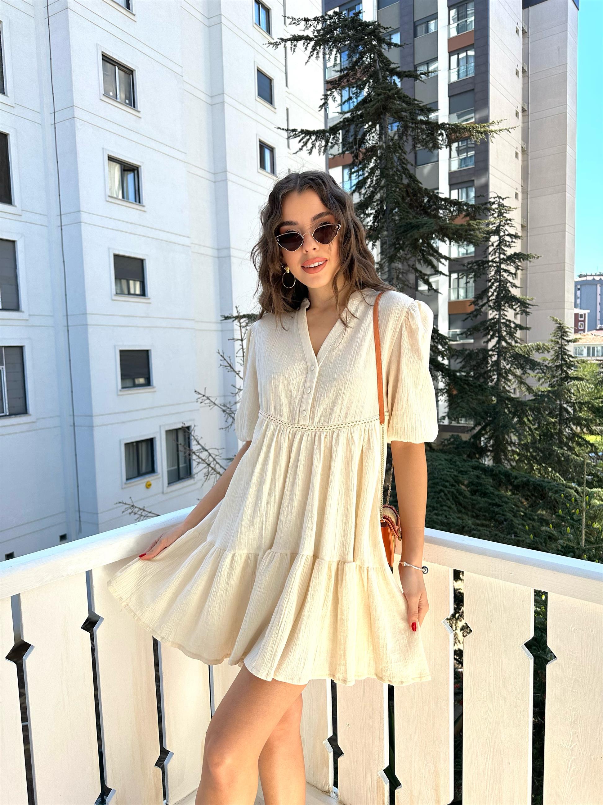 Ekru Kolu Eteği Büzgülü Elbise · 9