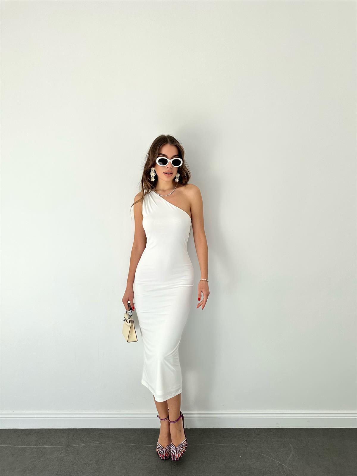 Ekru  Tek Omuz Midi Elbise