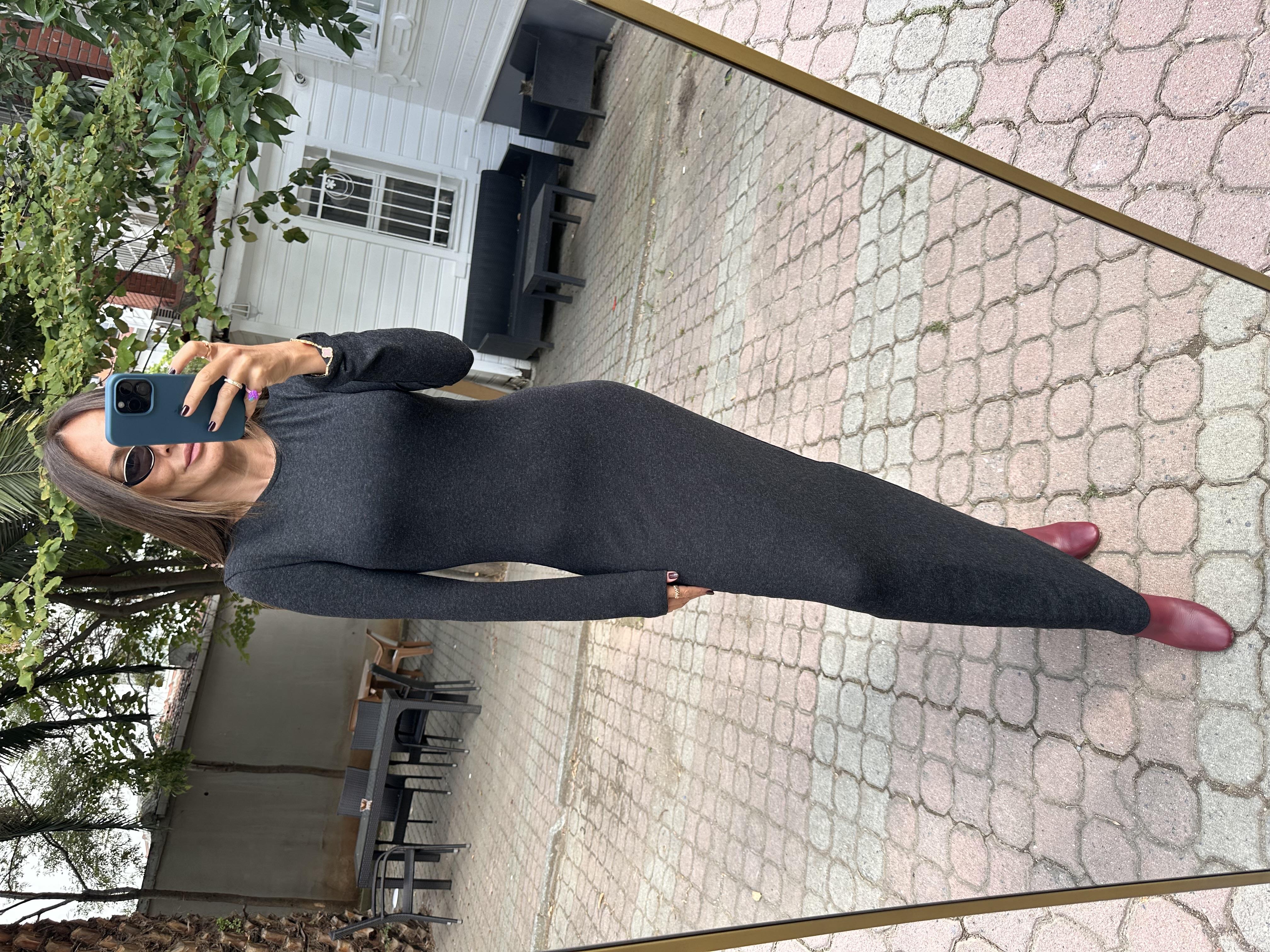 Füme Bisiklet Yaka Bilek Boy Elbise