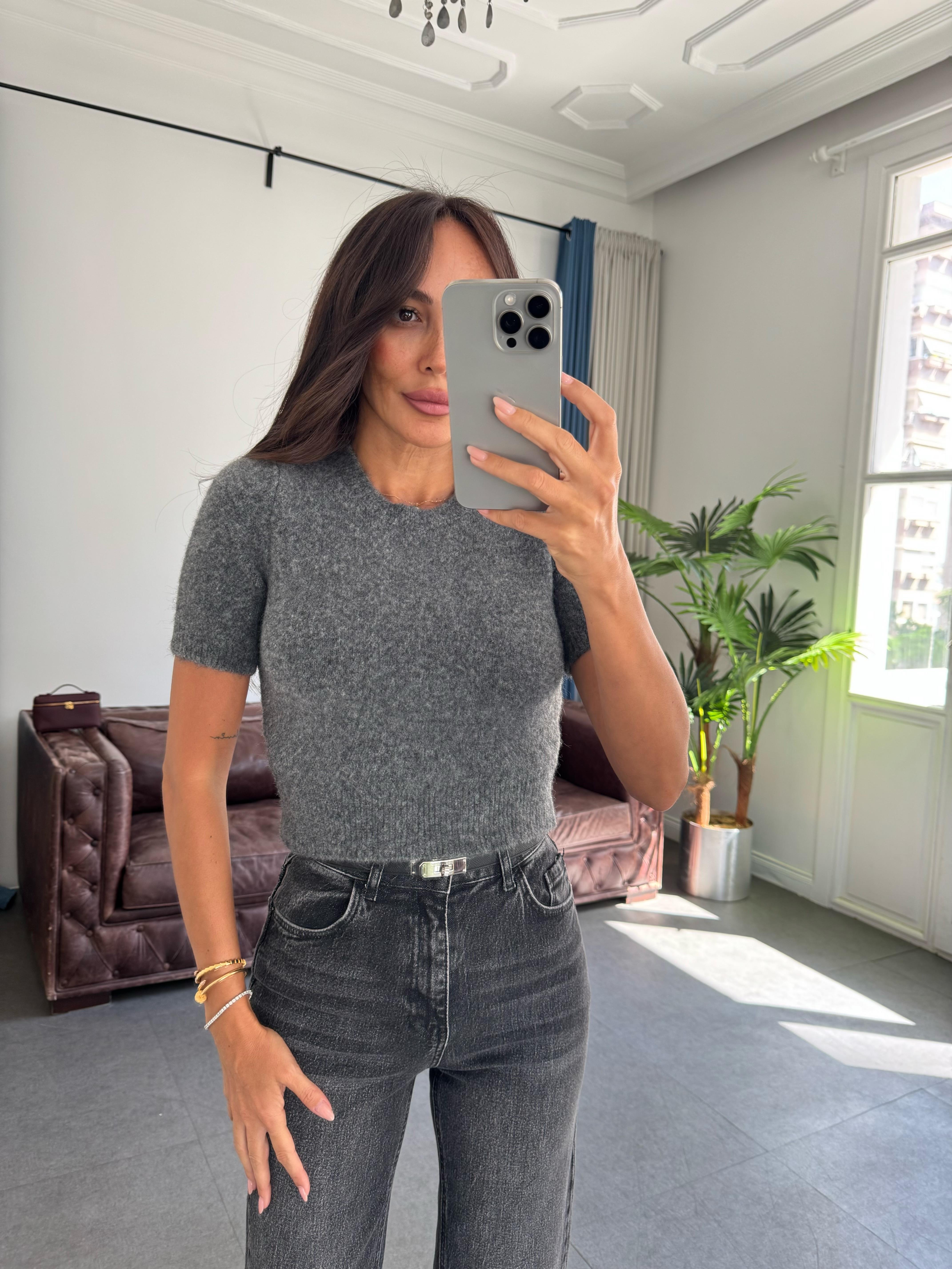 Füme Melanj Bisiklet Yaka Yumuşak Dokulu Kısa Kol Triko Kazak