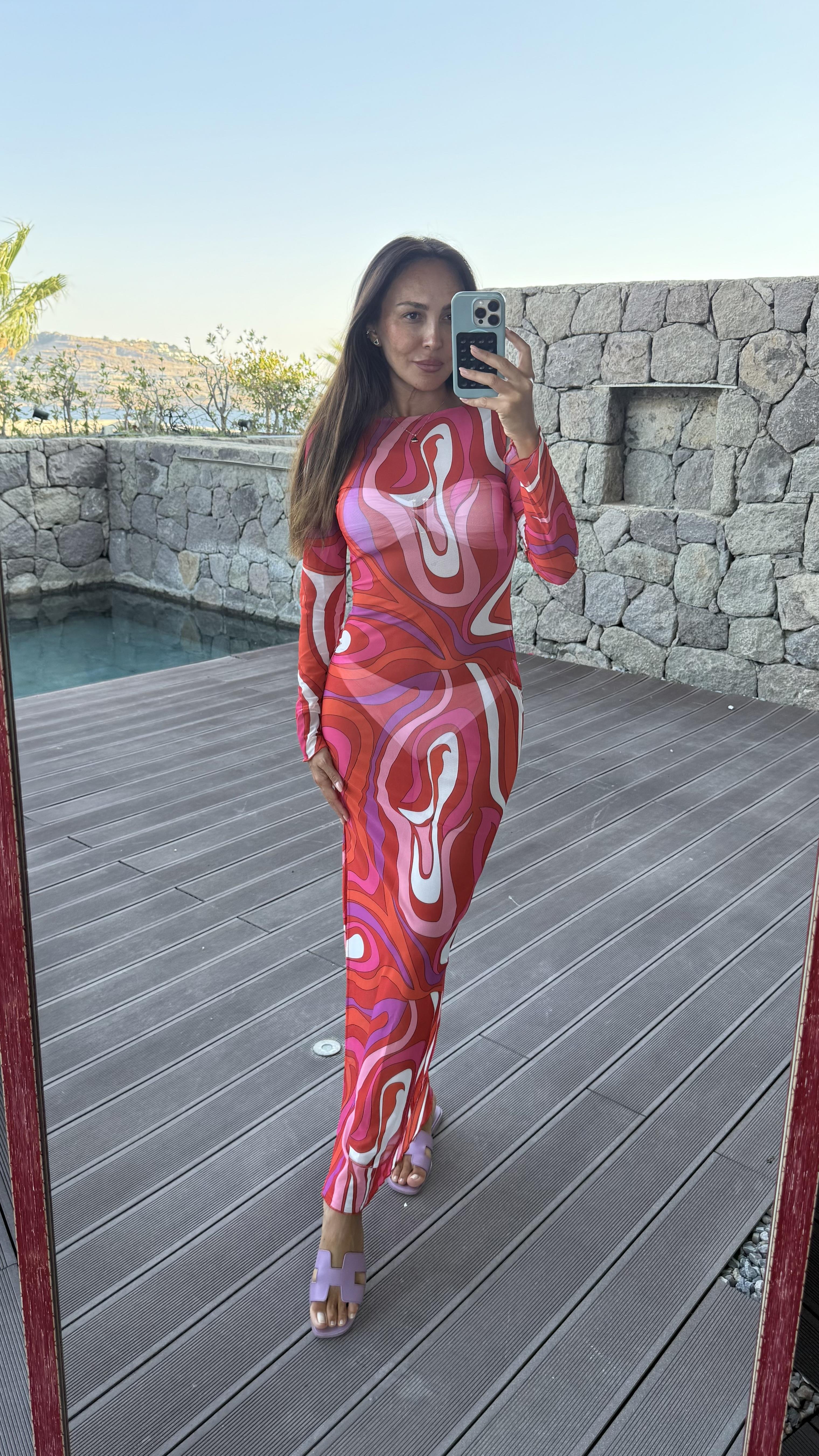 Fuşya İbiza Desenli Tül Plaj Elbisesi