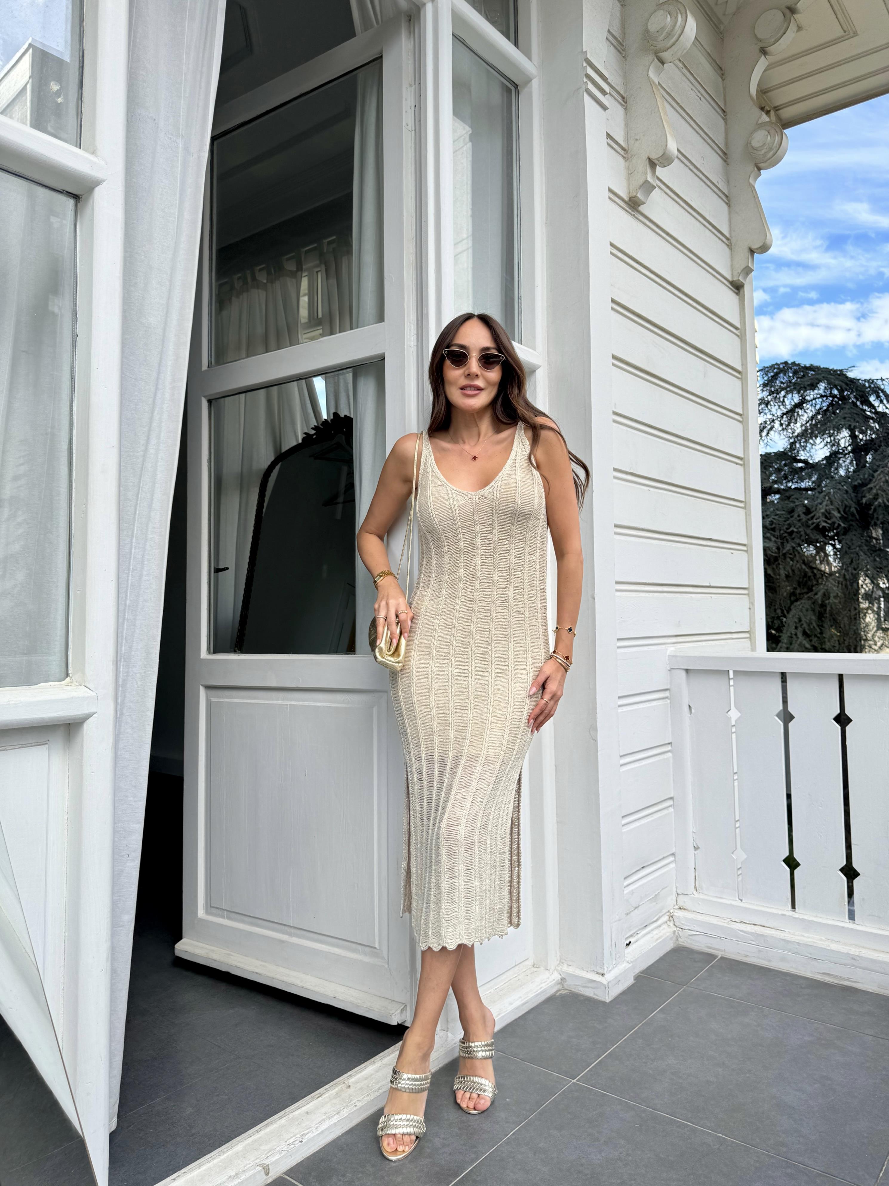 Gold Merserize Astarlı Simli Elbise