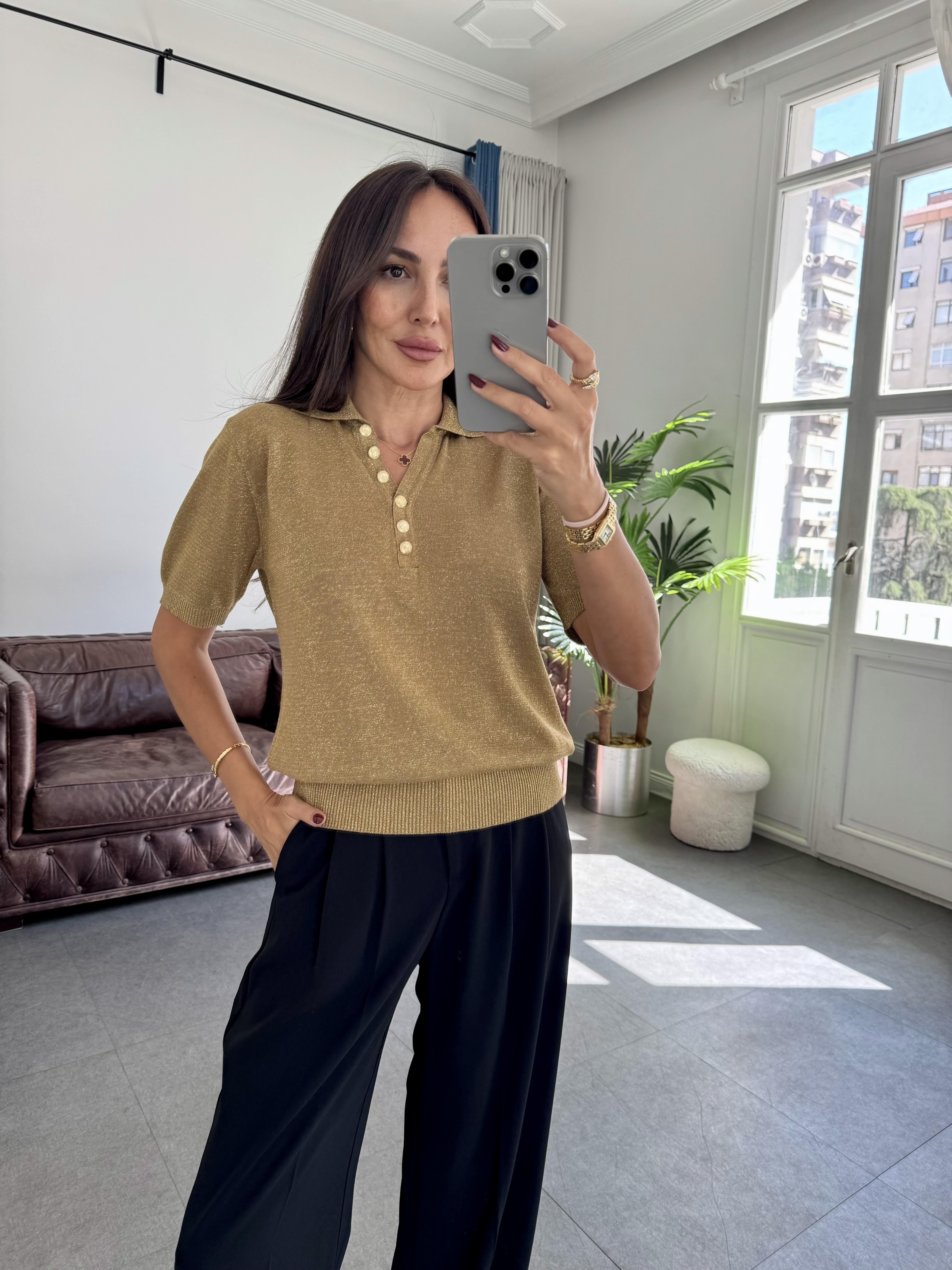 Gold Simli Kısa Kol Triko Kazak