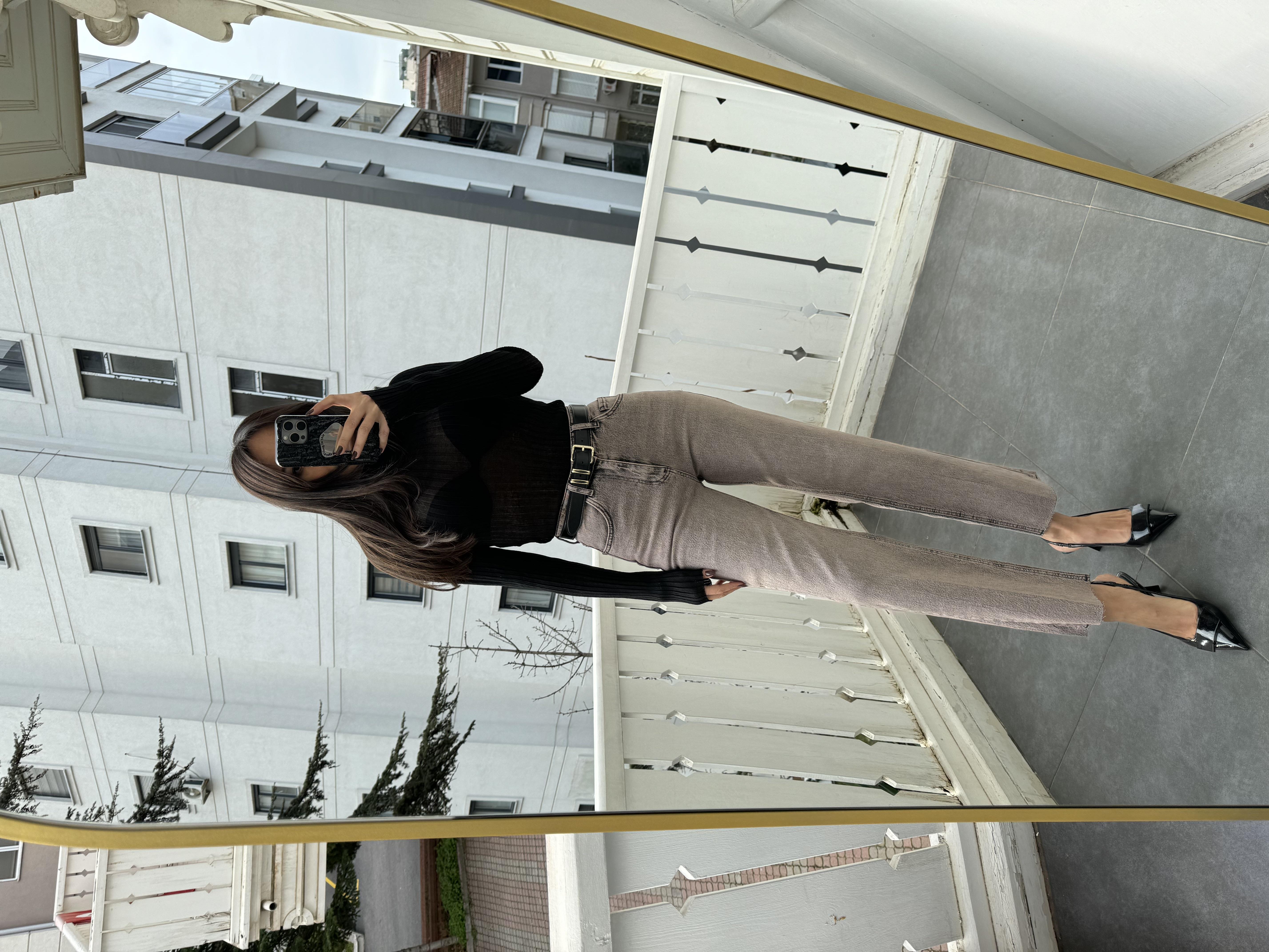 Gri-Kahve Yıkamalı Düz Kesim Jean Pantolon