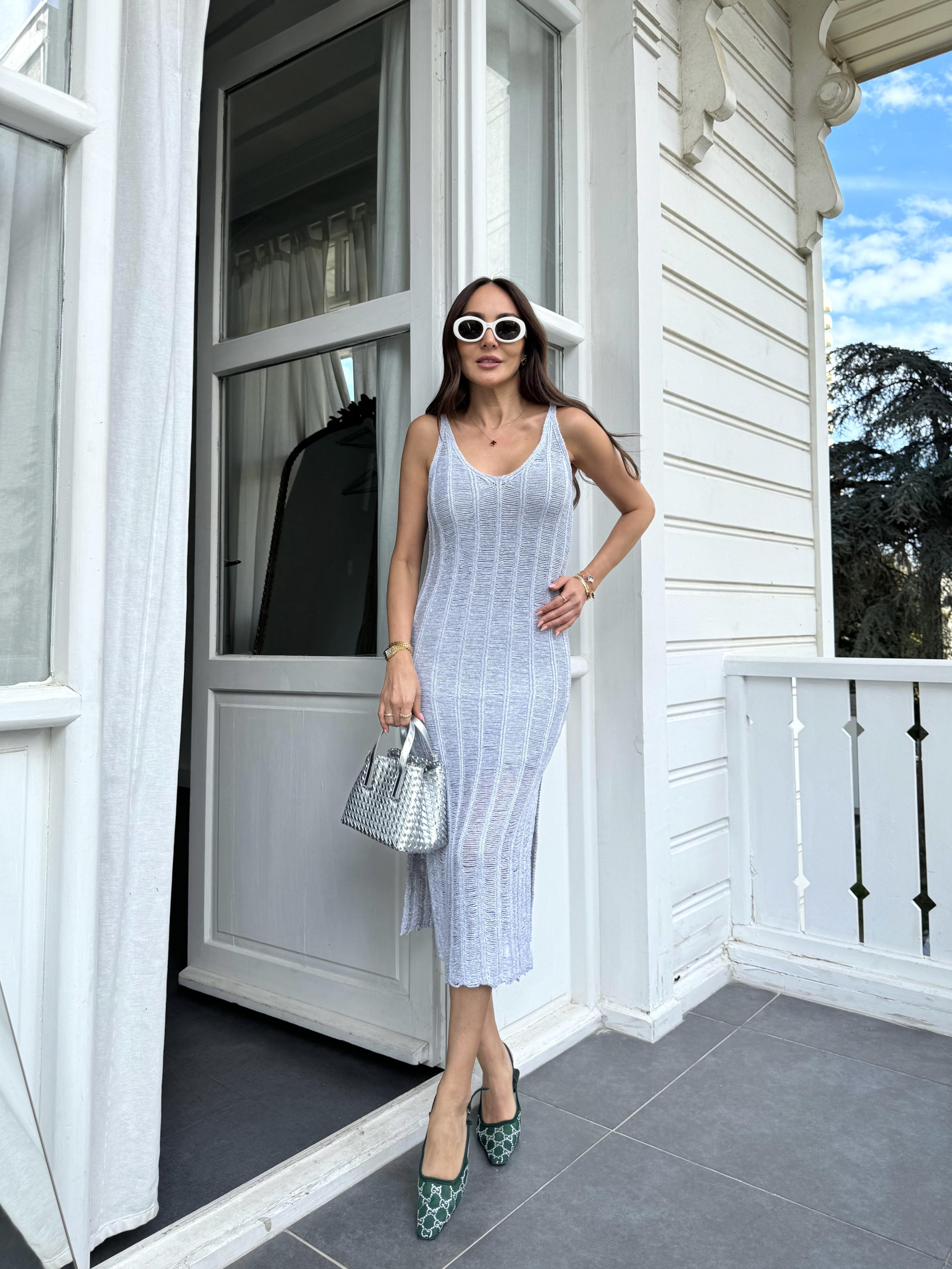 Gümüş Merserize Astarlı Simli Elbise