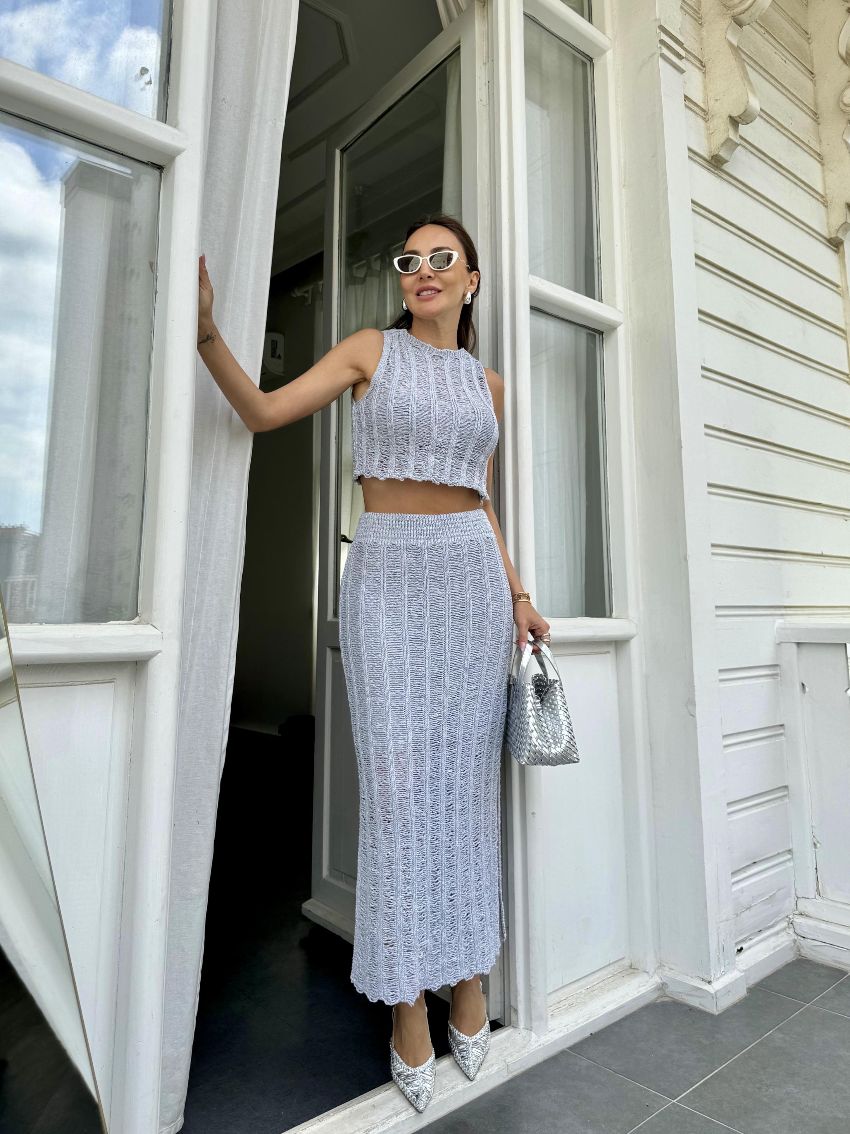 Gümüş Merserize Astarlı Uzun Etek