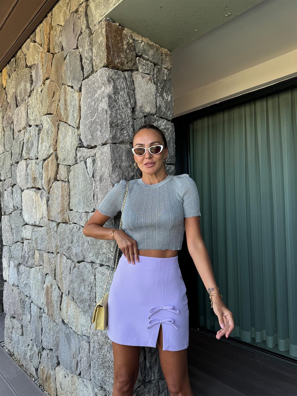 Gümüş Simli Crop Bluz