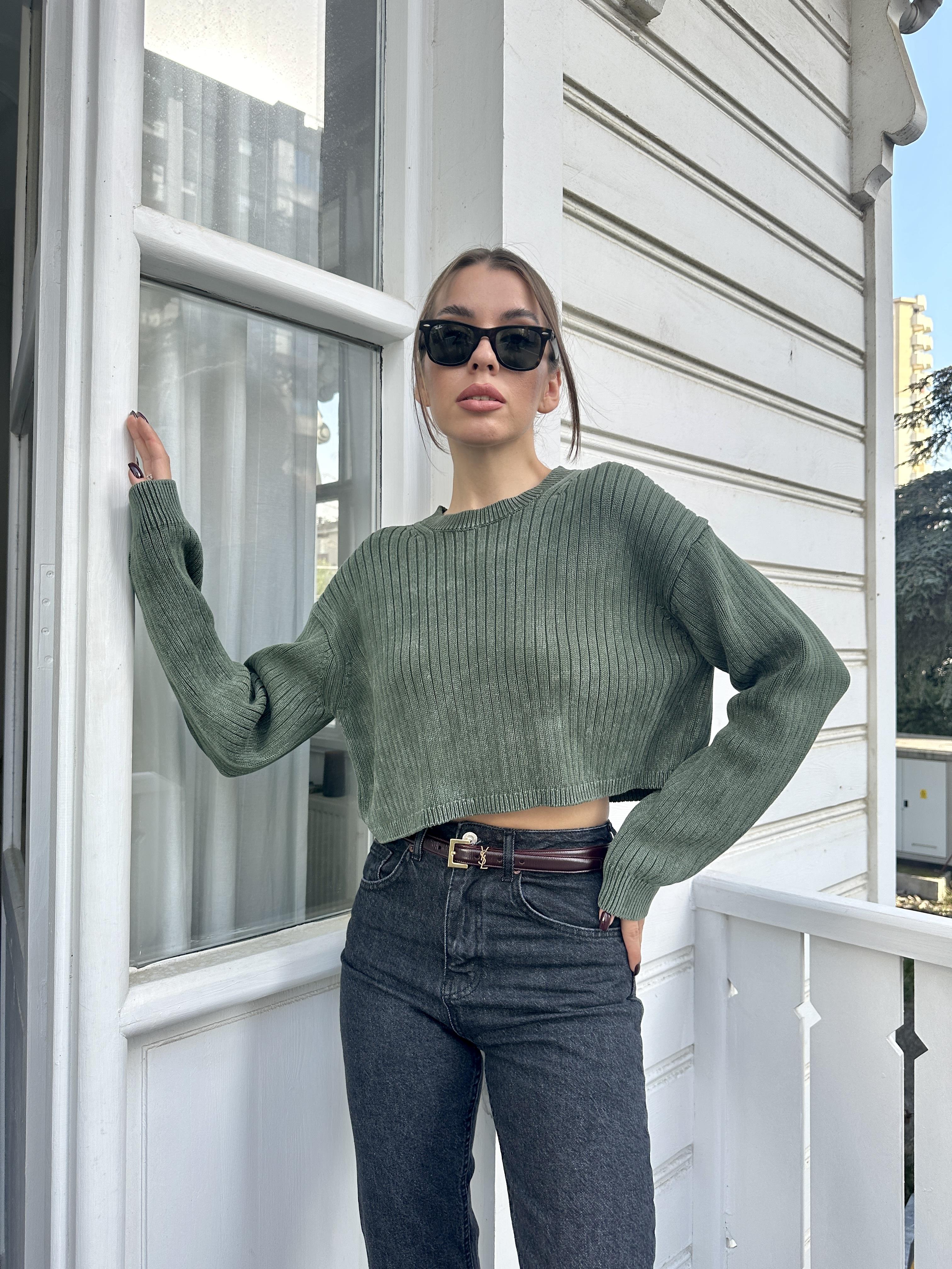 Haki Fitilli Soluk Efektli Bisiklet Yaka Kazak