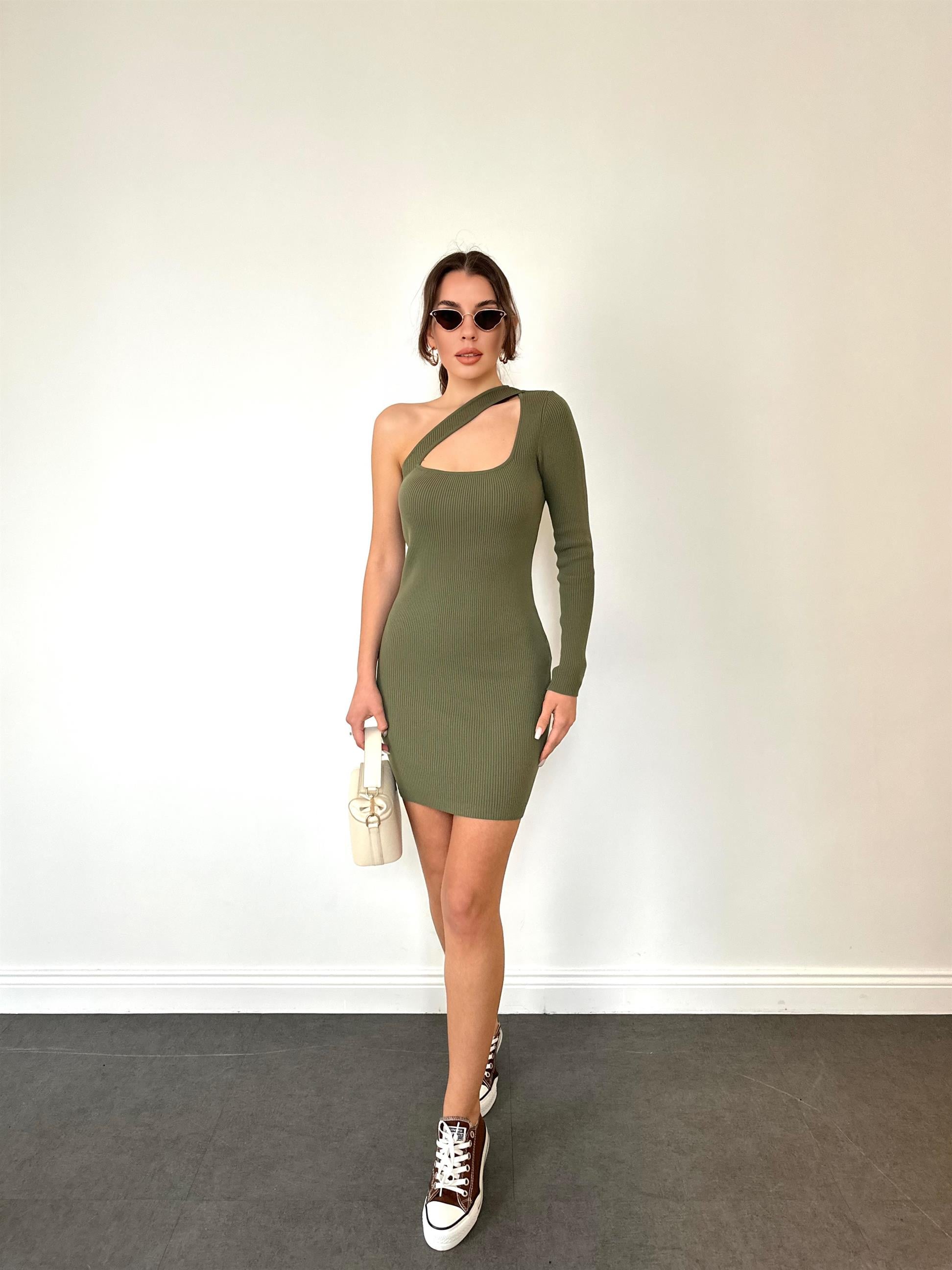 Haki  Sağ Omuz Açık Tek Kol Elbise