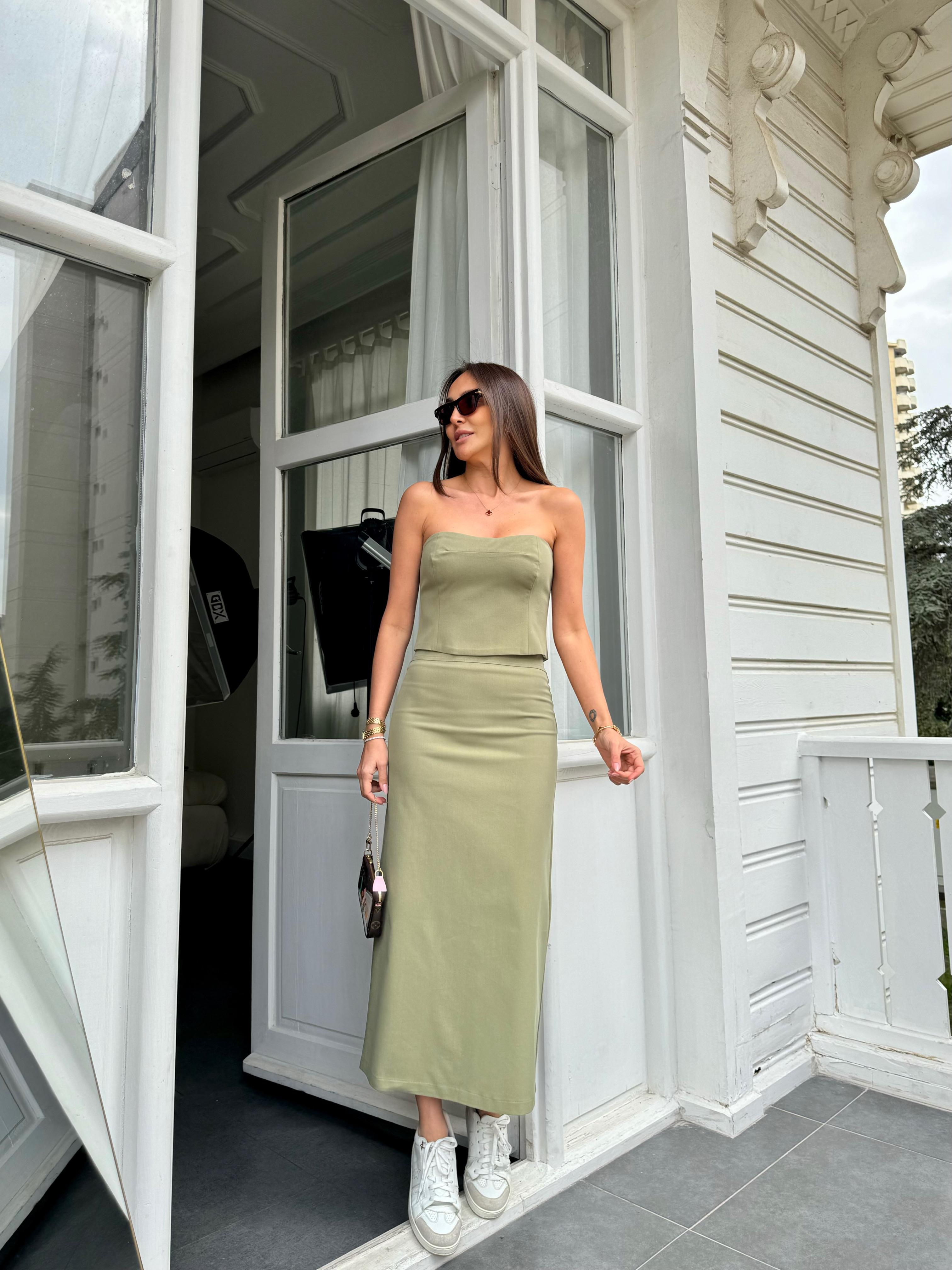 Haki Yüksek Bel Uzun Etek