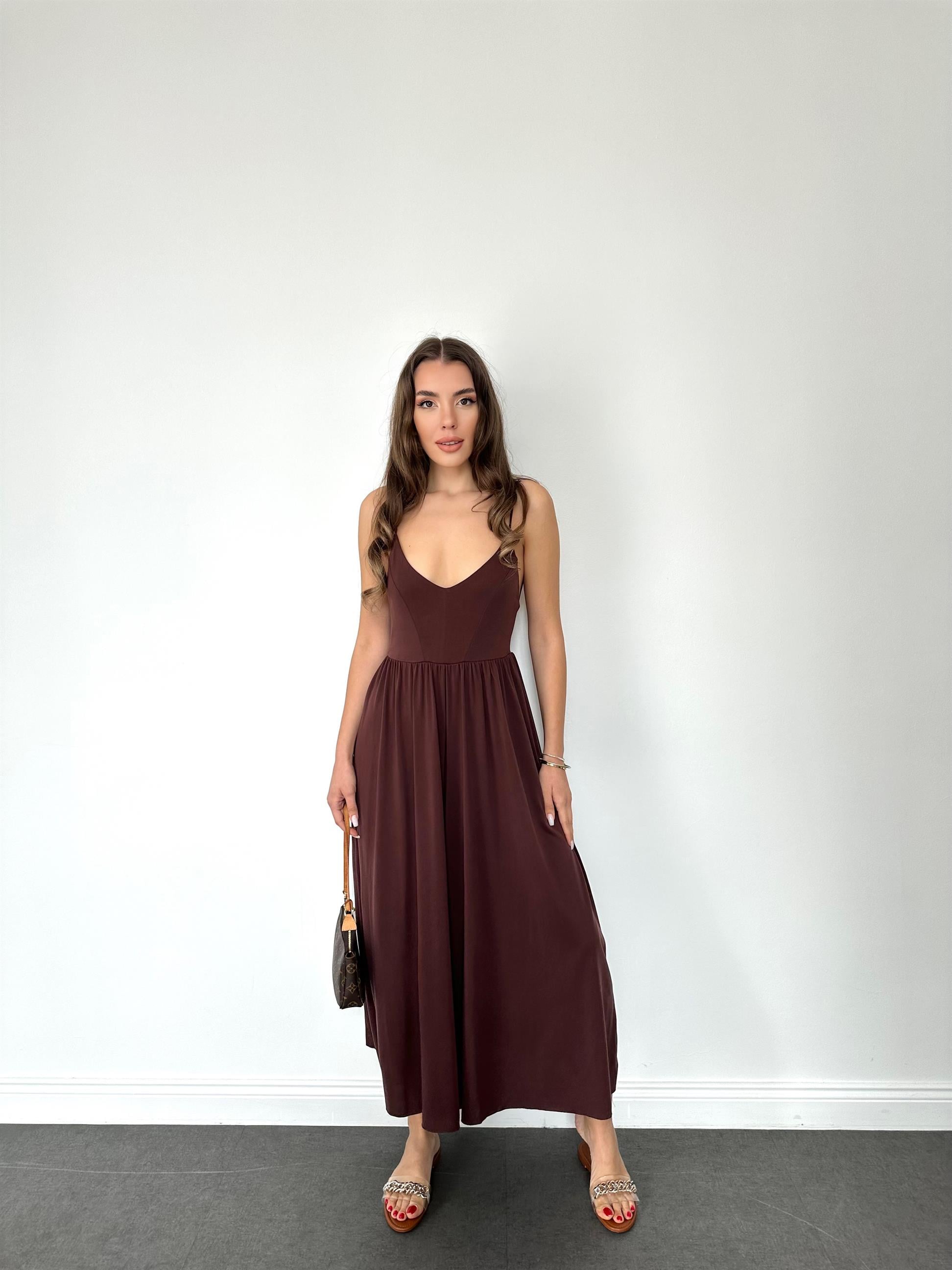 Kahve  Askılı Bol Paça Tulum