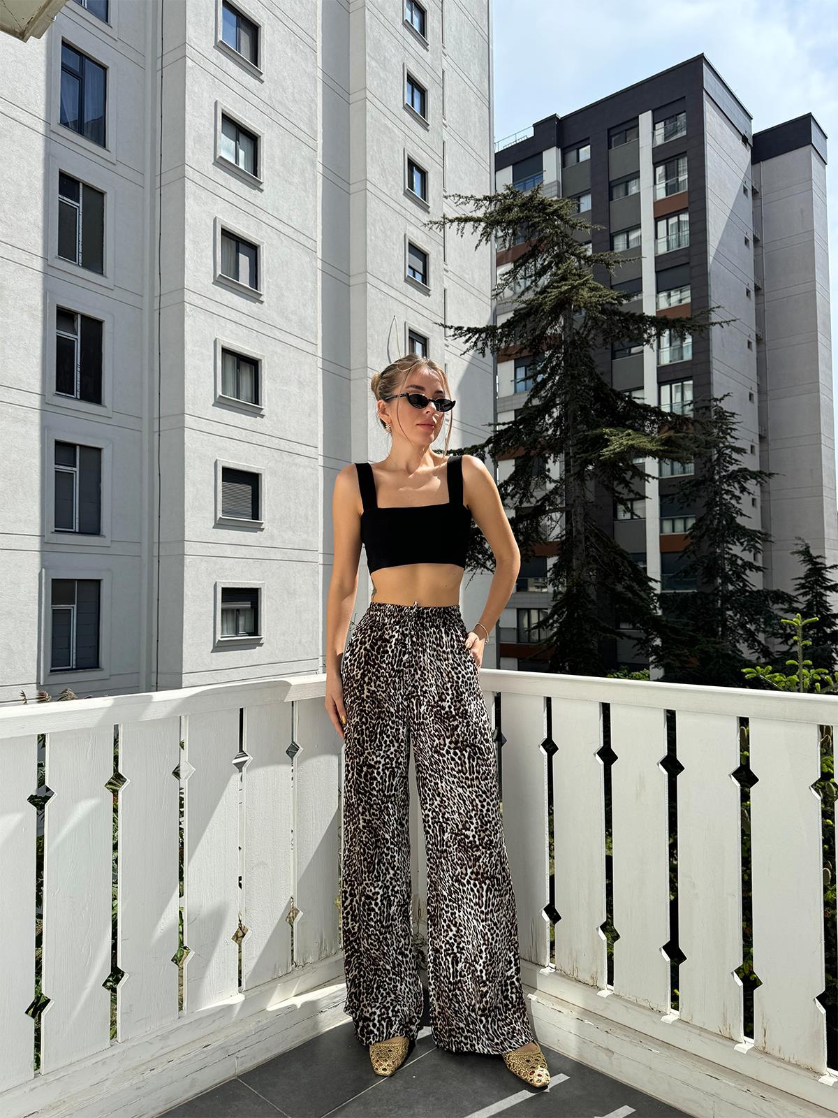 Kahve Beli Lastikli Leopar Pantolon