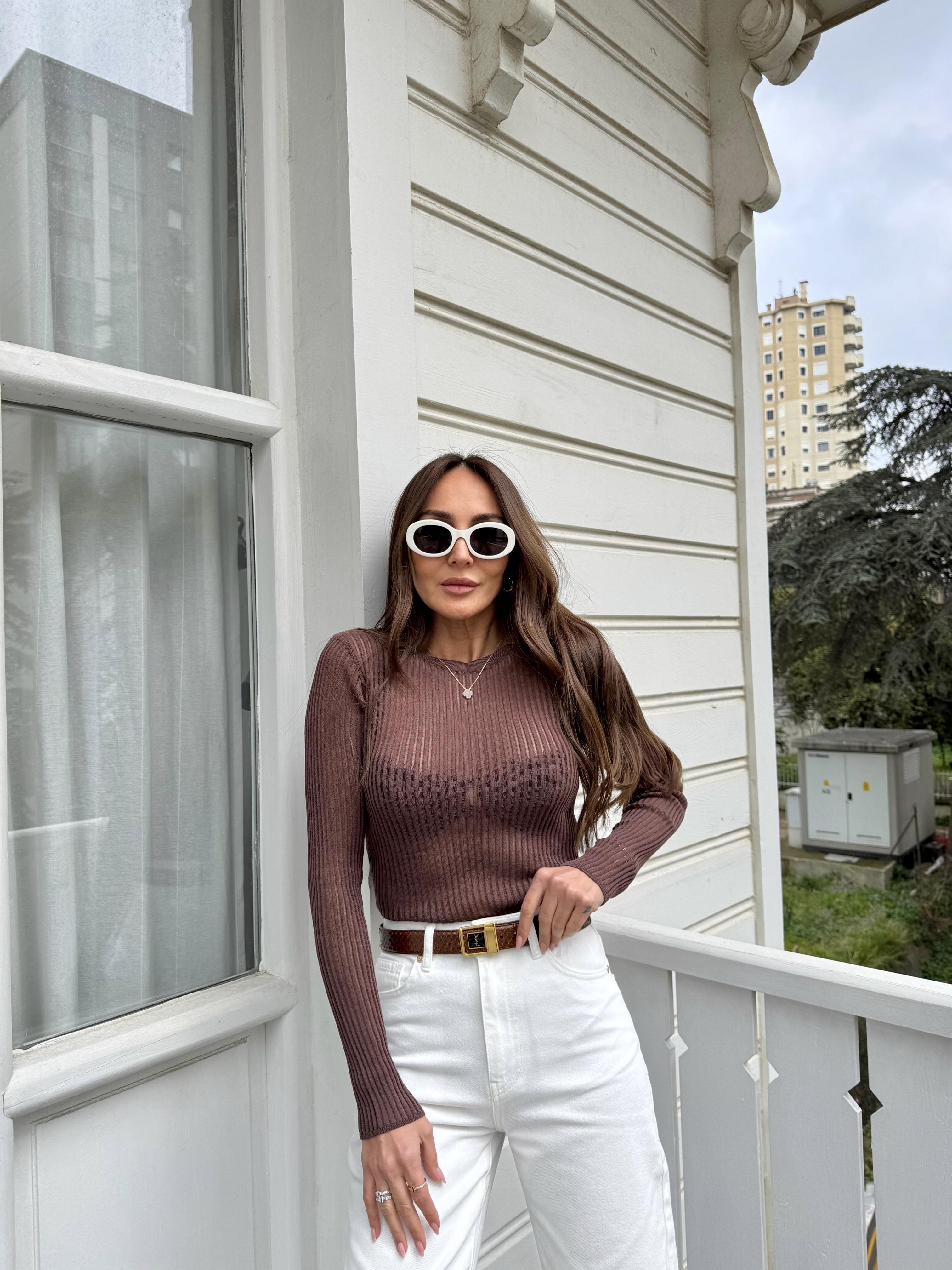 Kahve Bisiklet Yaka Transparan Triko