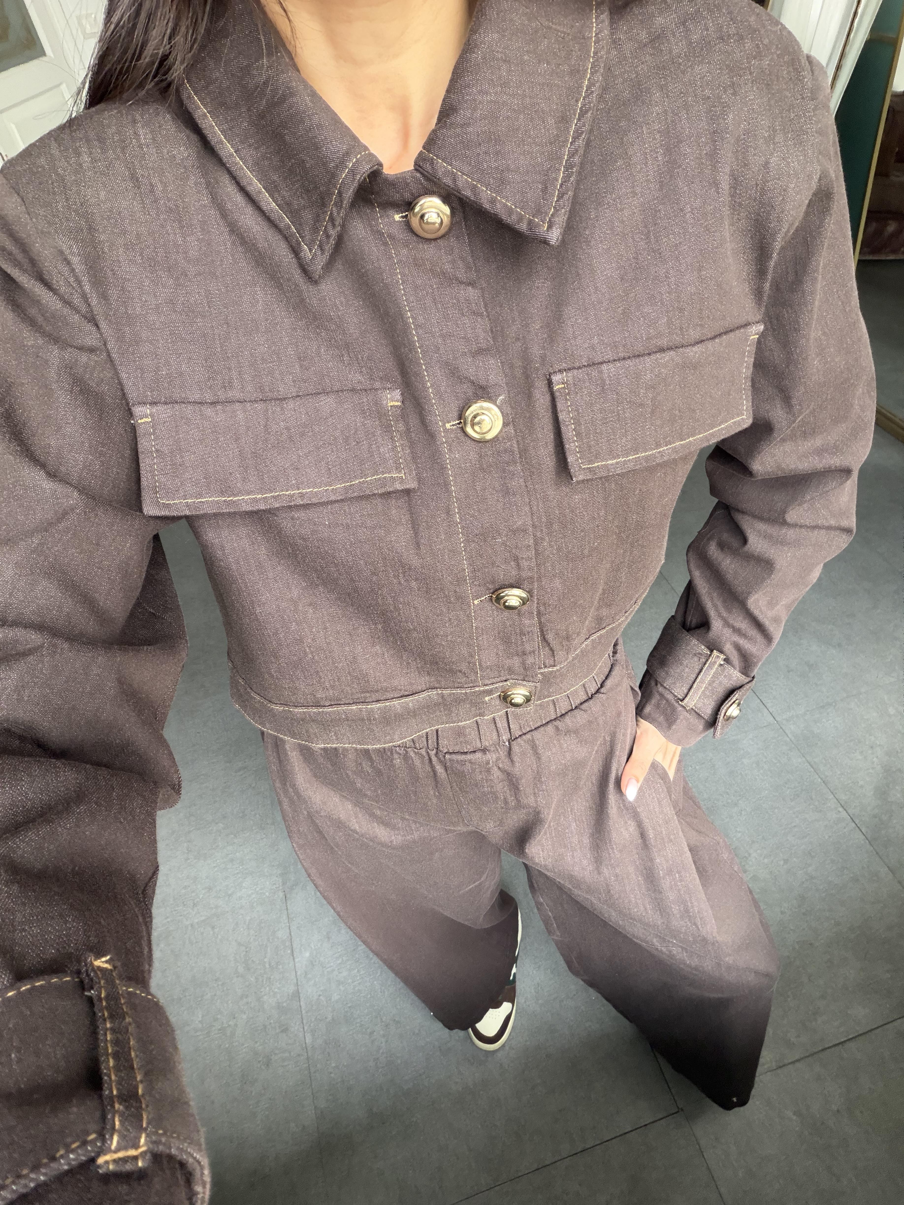 Kahve Denim Düğmeli Ceket