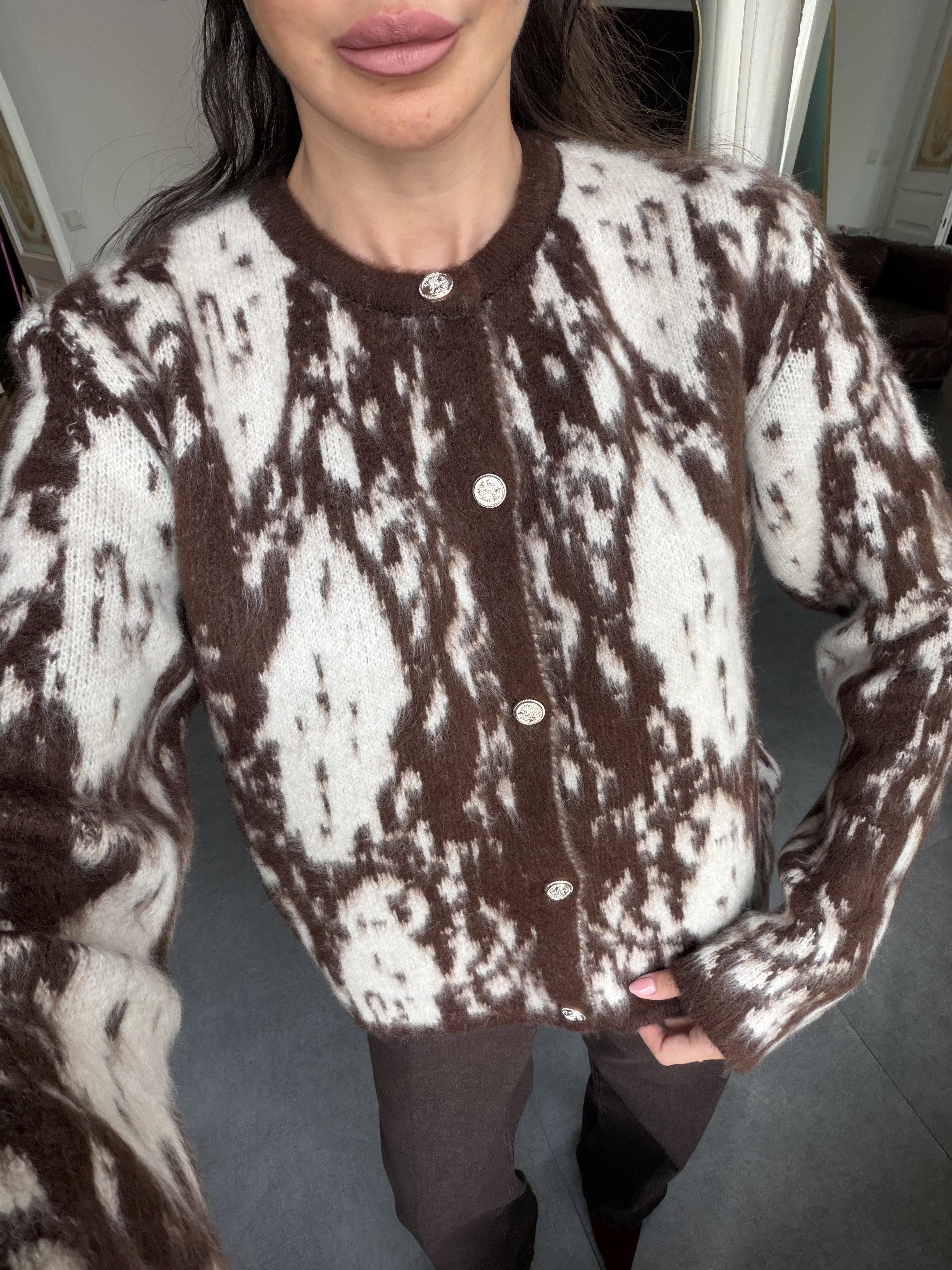 Kahve-Ekru 2 Renkli Düğmeli Hırka