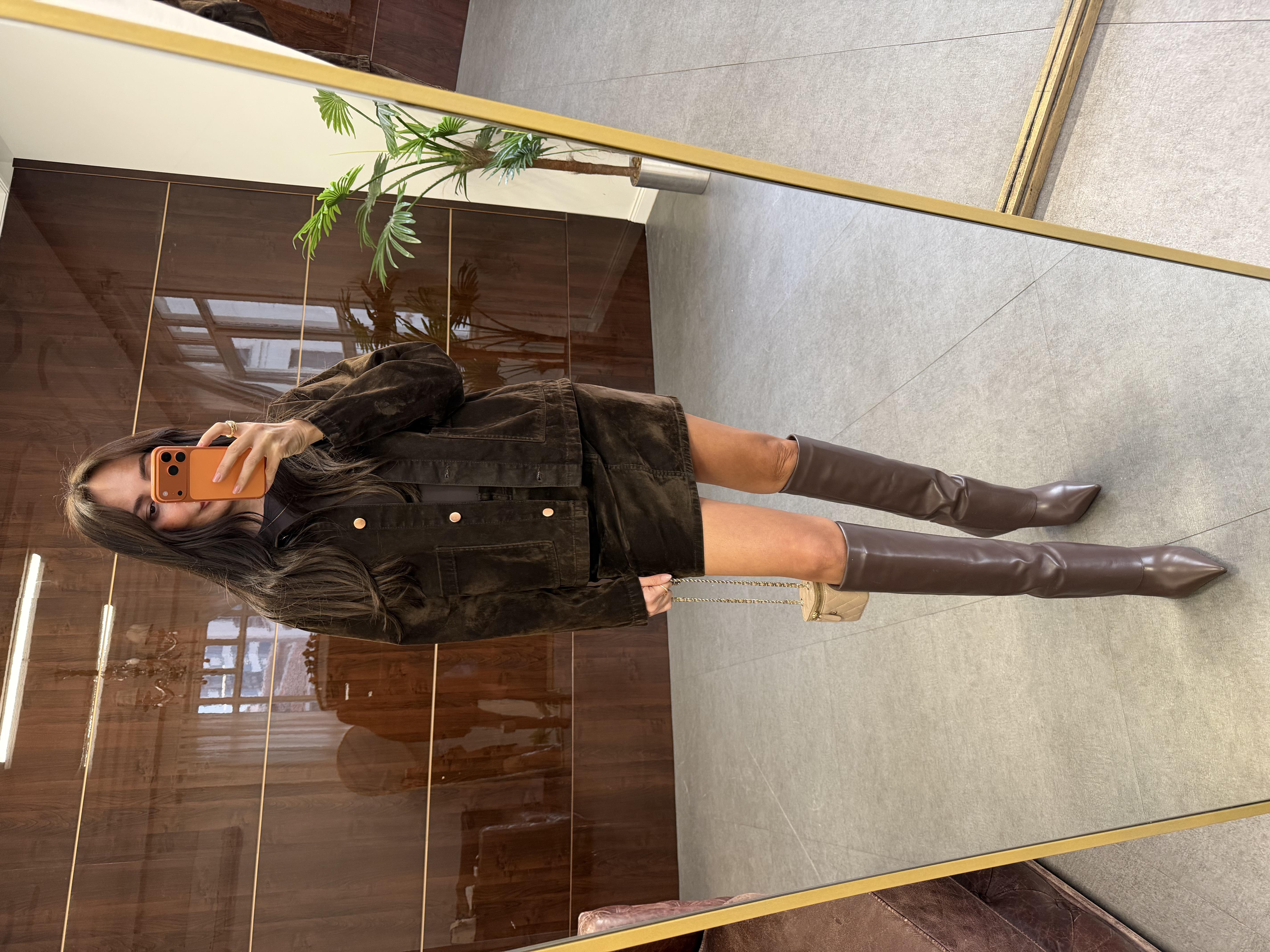 Kahve Flok Kaplama Likralı Mini Etek