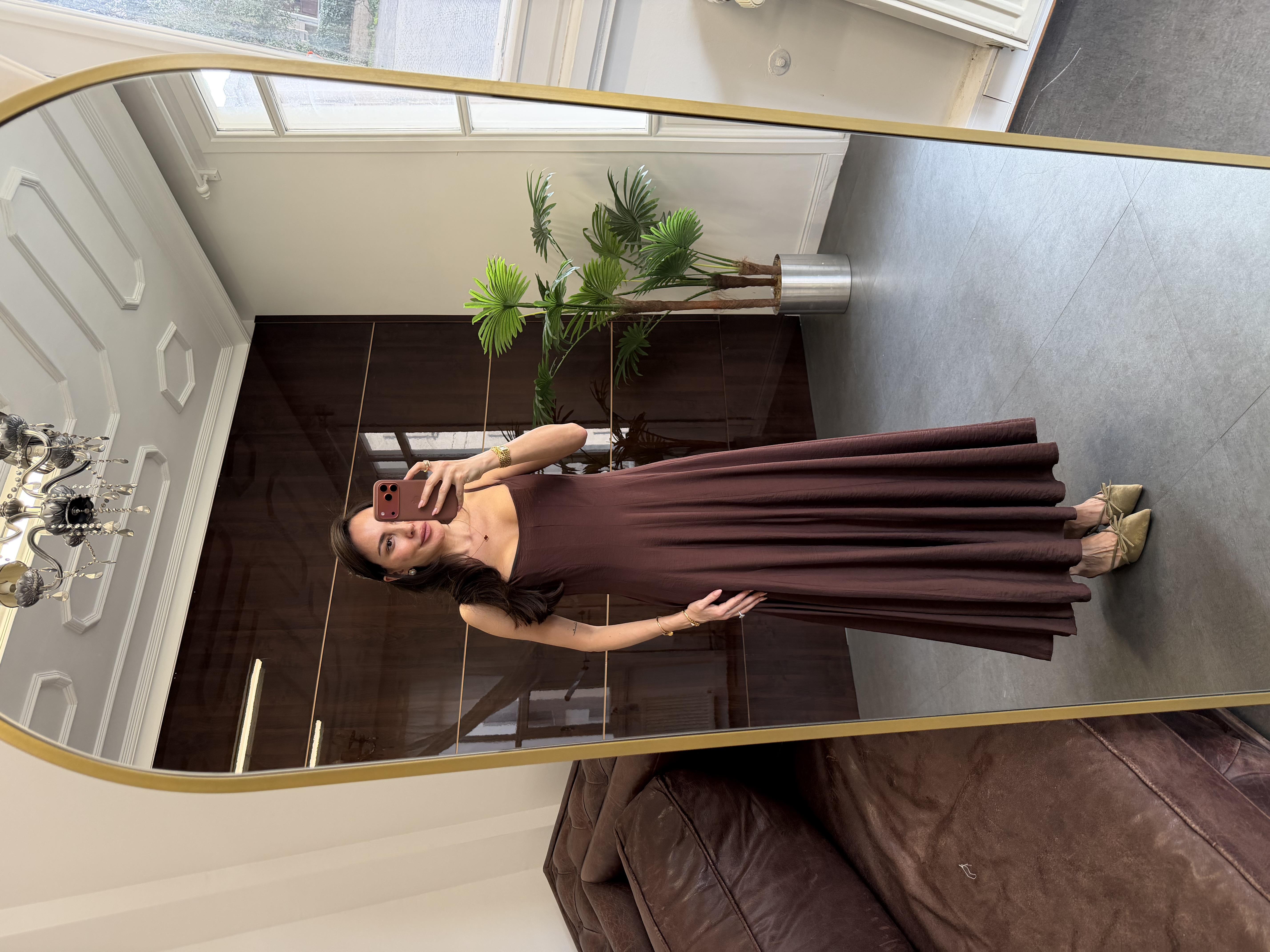 Kahve İp Askılı Etek Ucu Volanlı  Elbise