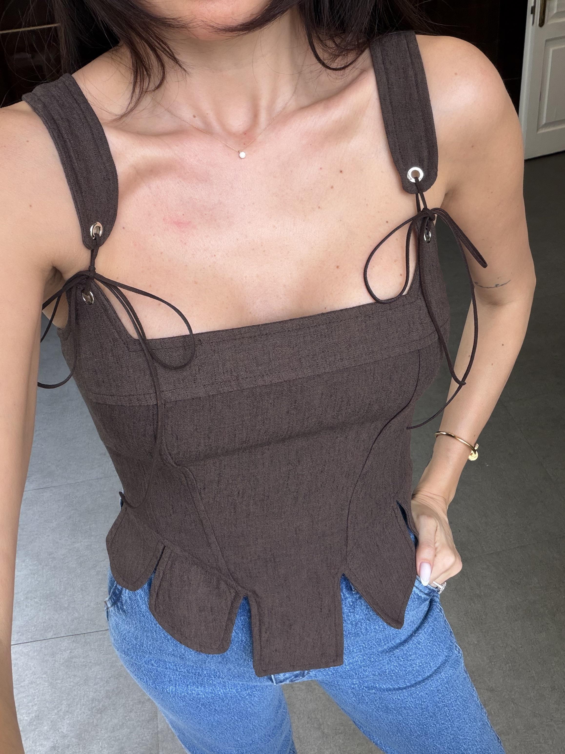 Kahve Keten Görünümlü Korse Bluz