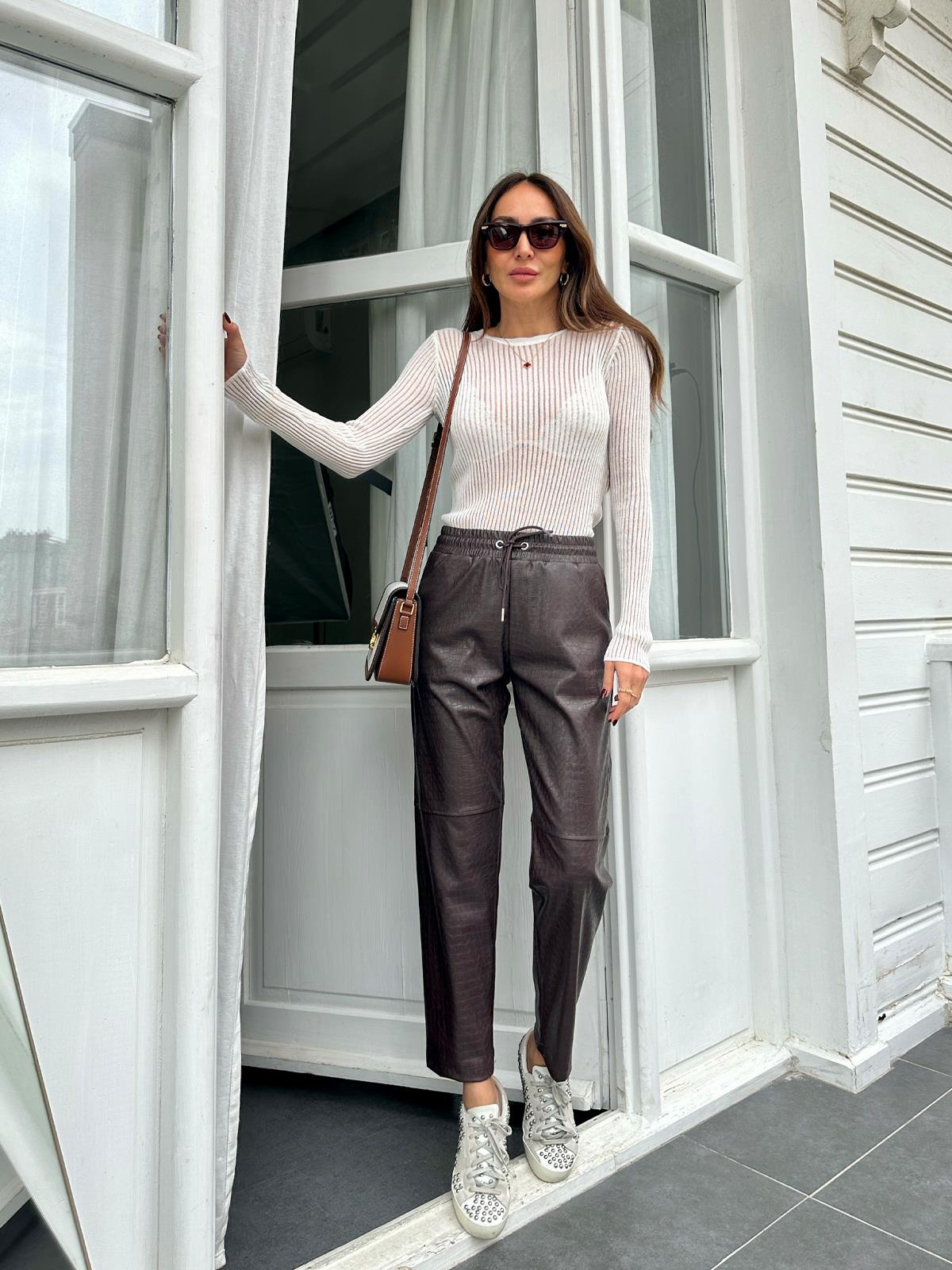 Kahve Krokodil Çimalı Deri Pantolon