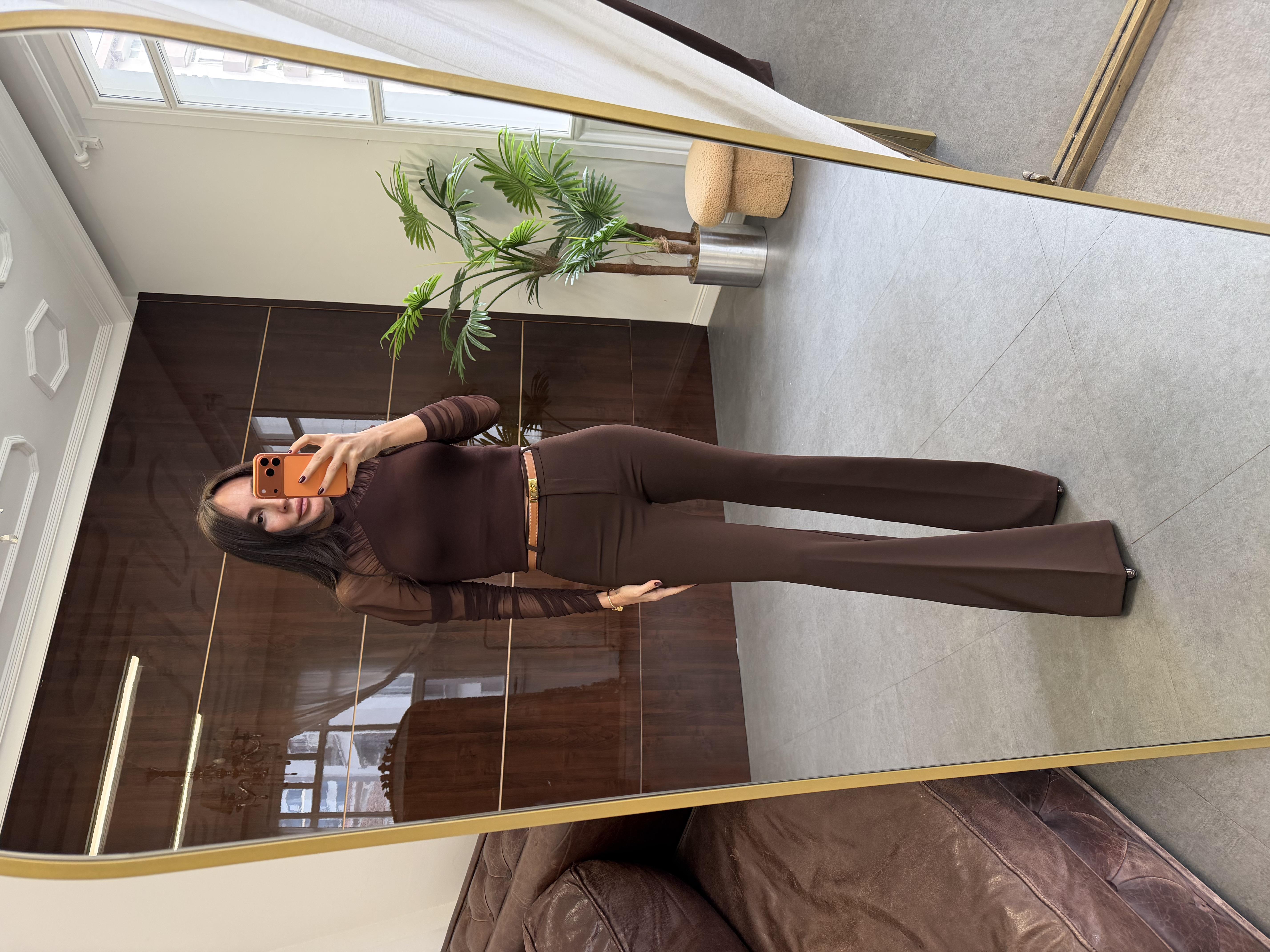 Kahve Likralı İspanyol Paça Kumaş Pantolon