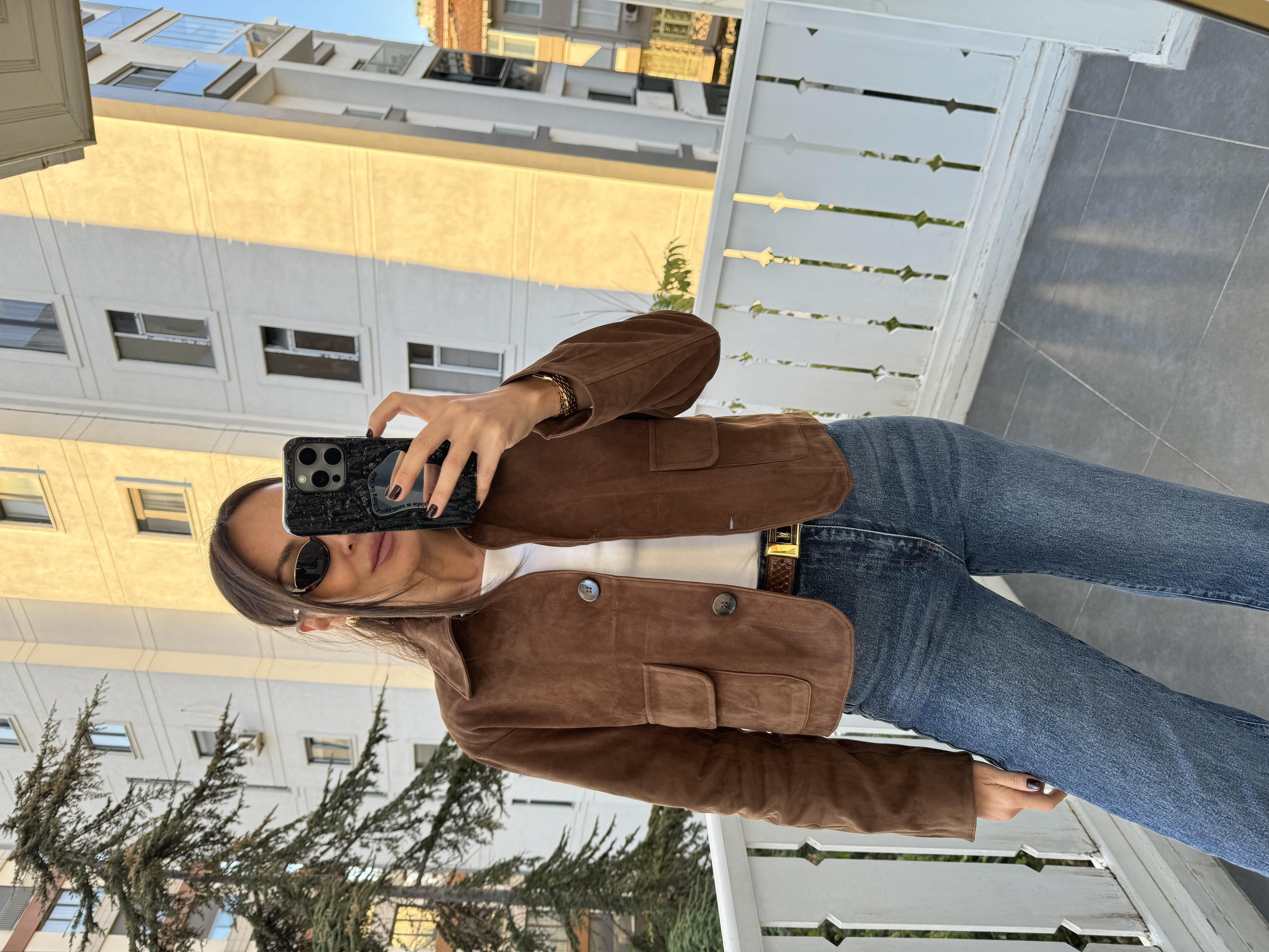 Kahve Mini Astarlı Güderi Ceket