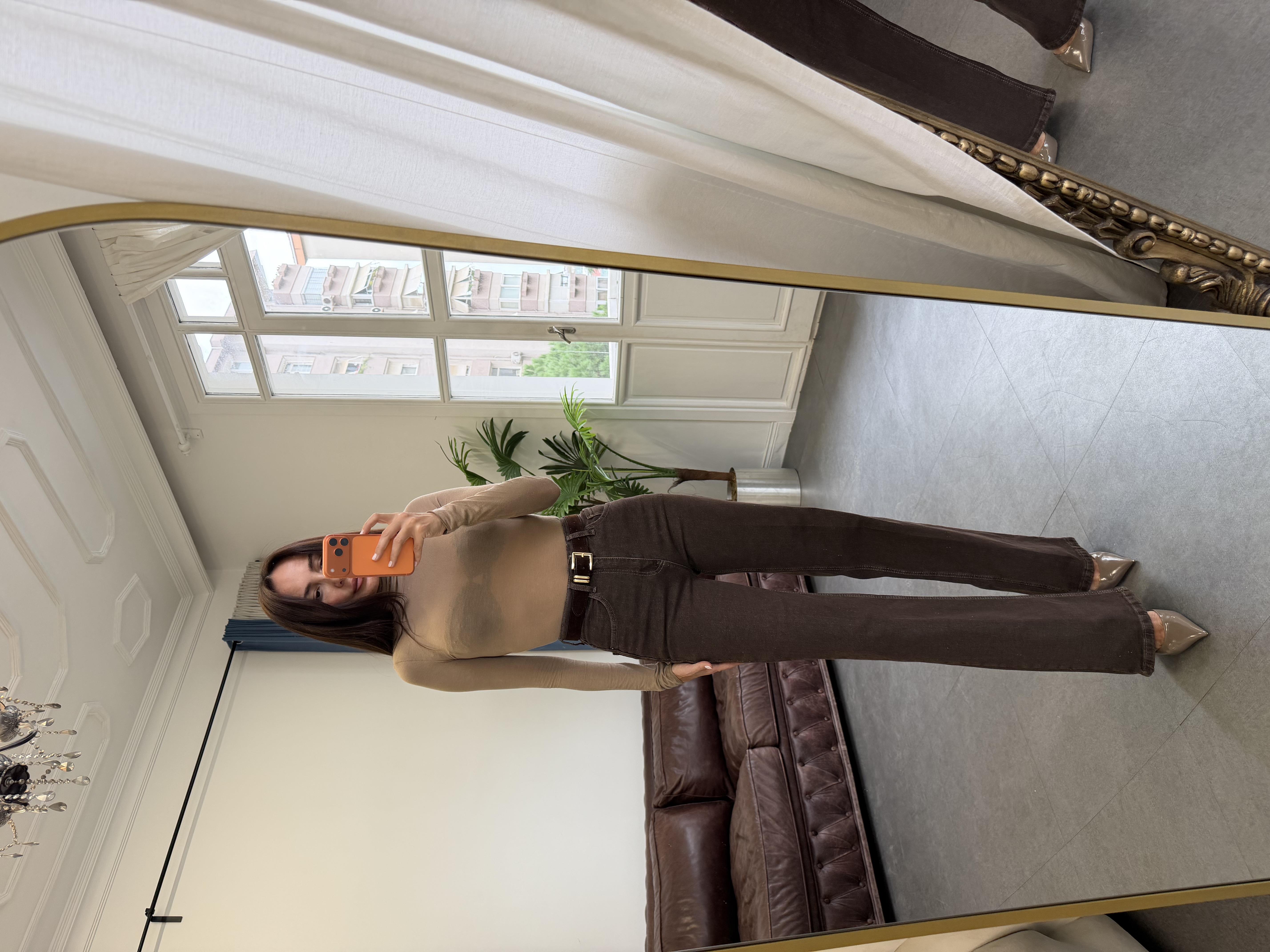 Kahve Wide-Leg Süet Kemerli Pantolon